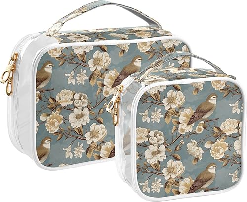 Floral Bird Butterflies Clear Toiletry Bag for Traveling,2 Pack Makeup Cosmetic Bag with Zipper,Travel Bag for Toiletries,Travel Essentials 21215026