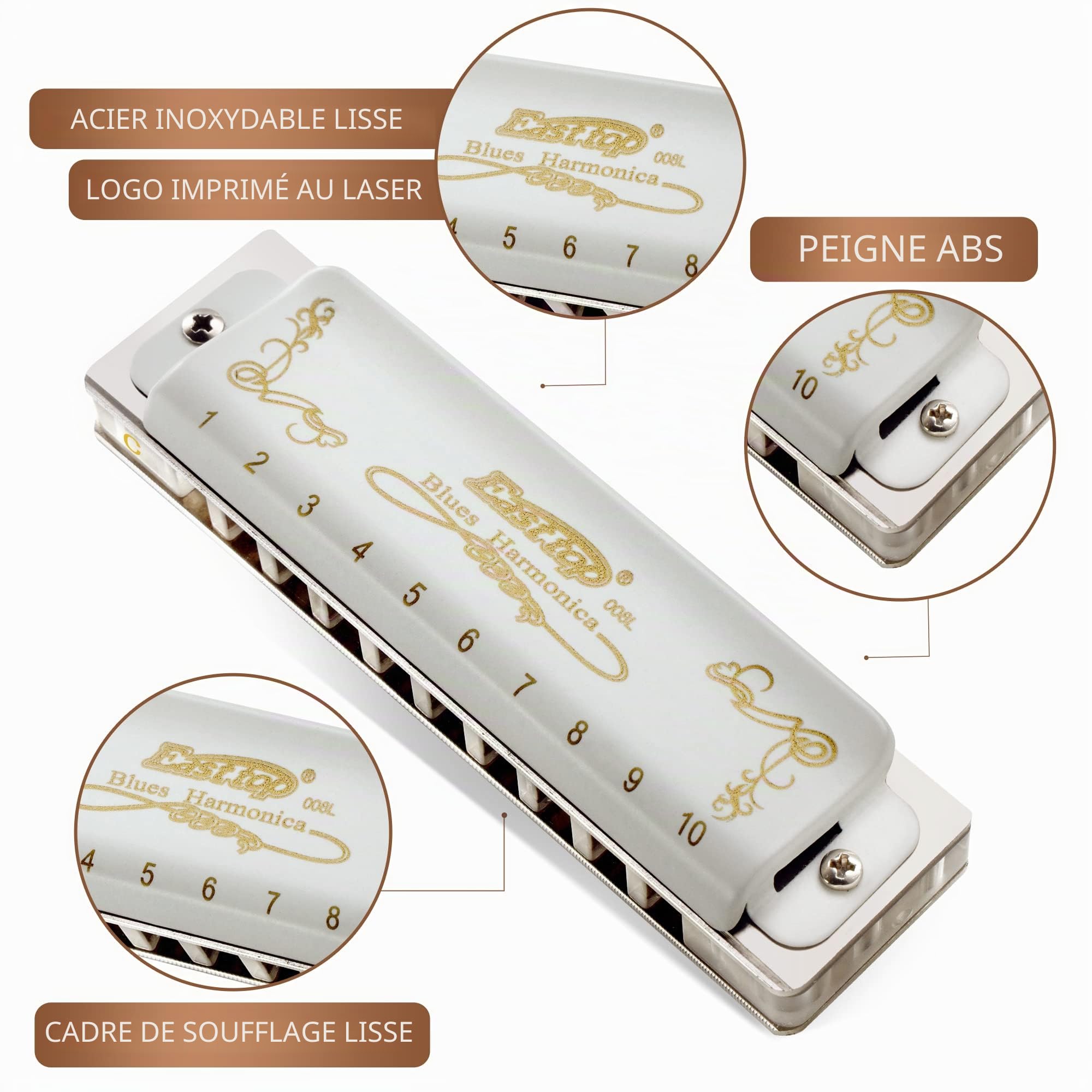 East top Harmonica Adulte Diatonique en Do 20 tons T008L avec Couverture Blanc, Harmonica Blues Diatonique en do, harmonica diatonict pour Débutants et étudiants, comme meilleur cadeau