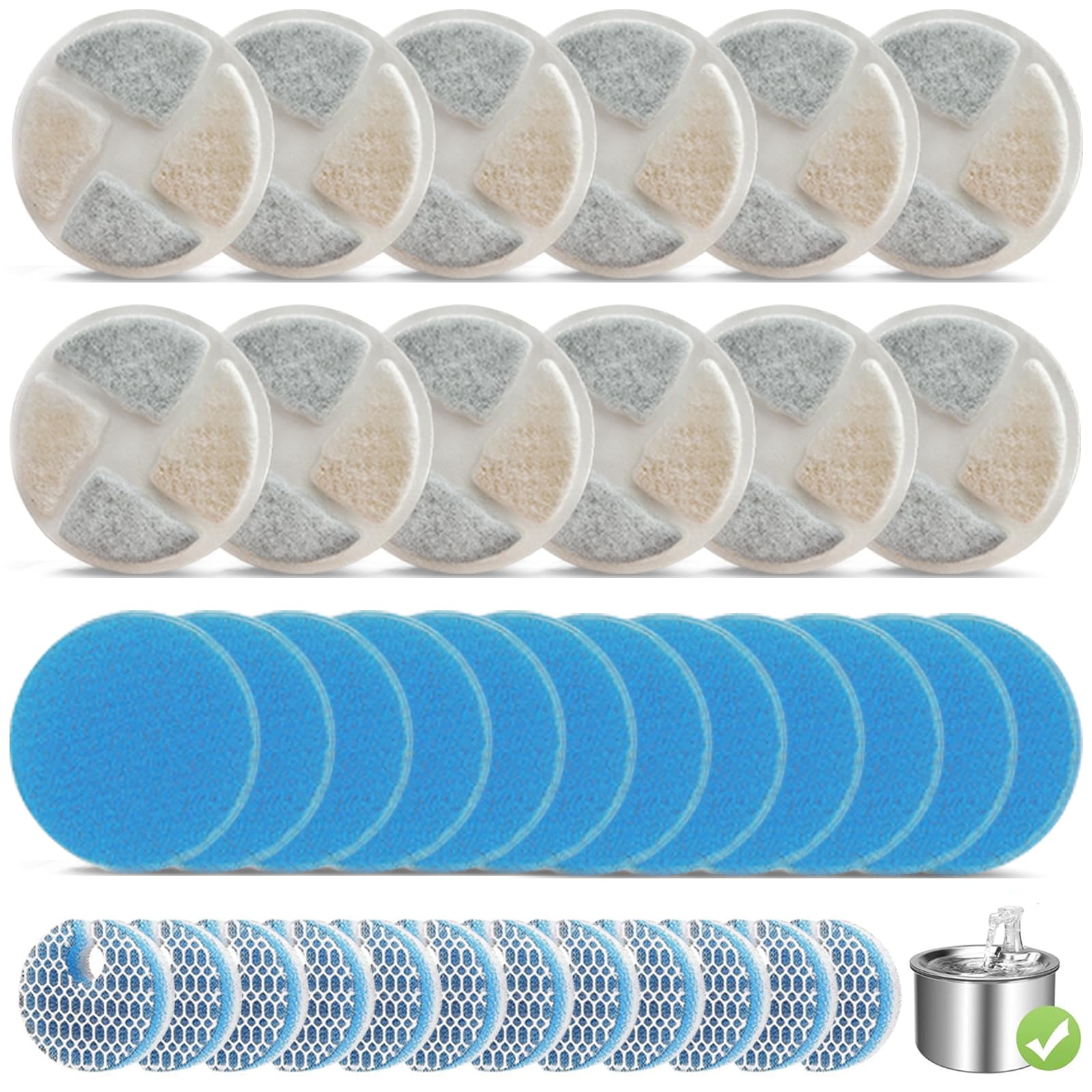 12 Set Cat Fountain Filter Replacement for Round 2L/67oz Automatic Dog Dispenser Water Bowl, Stainless Steel Pet Water Fountain Filters with Triple