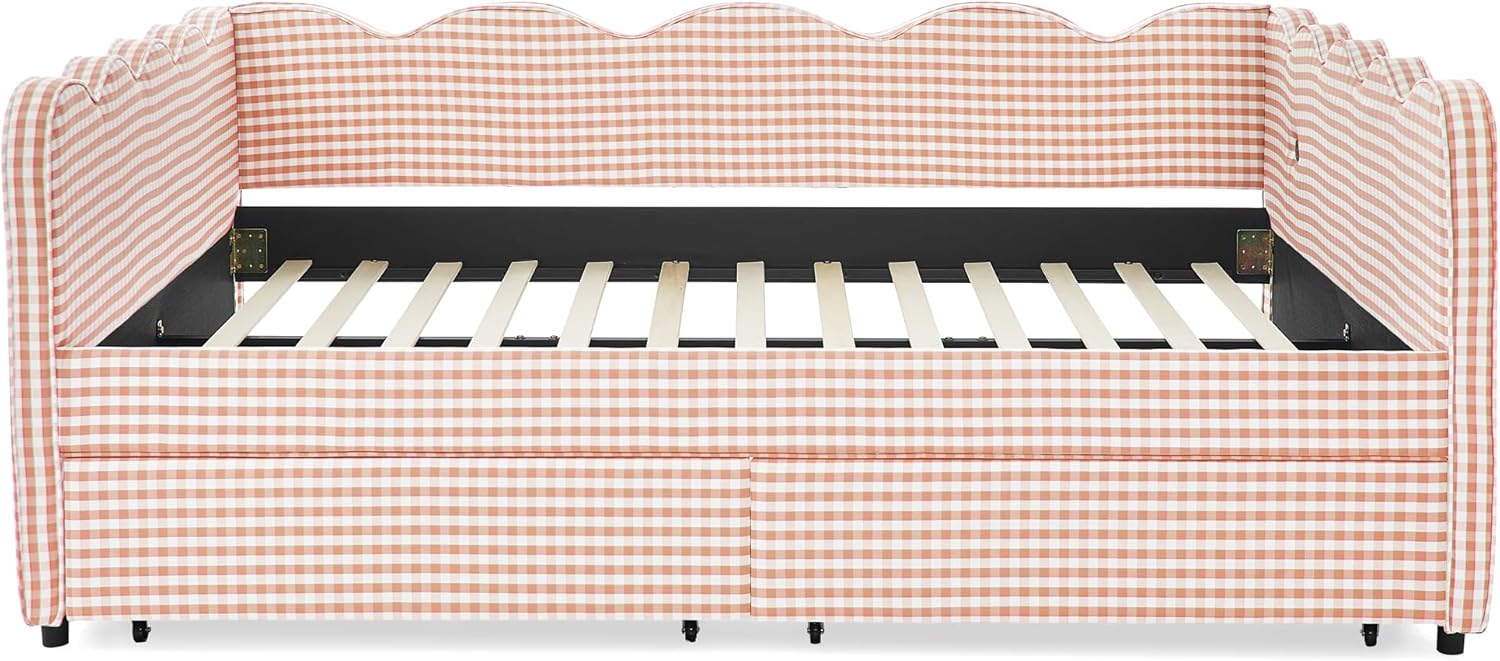 Mirightone Gingham Daybed with Storage, Queen Size Day Beds with 2 Drawers, Linen Upholstered Sofa Bed Frame with USB Charging Port, No Box Spring Needed, for Living Room, Bedroom, Pink
