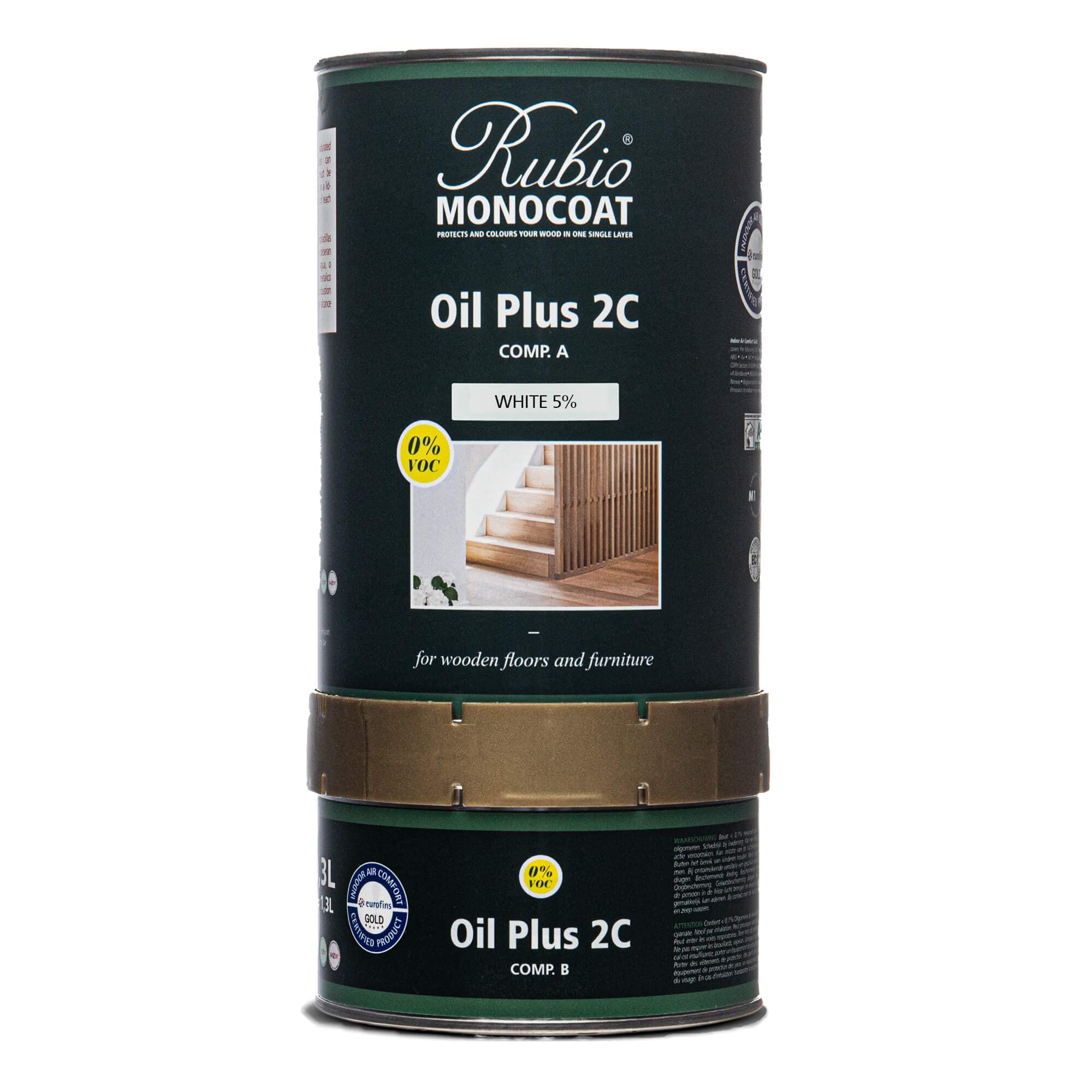 Rubio Monocoat Oil Plus 2C - Aceite de madera de linaza de secado rápido y ecológico para uso en interiores, incluye acelerador (parte B) | Protector | 1.3 L, blanco 5%