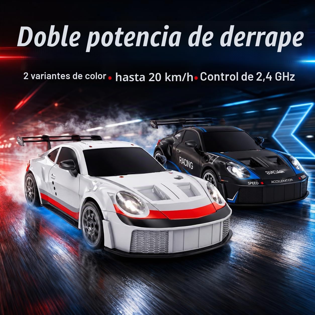 DAJASD Coche RC Drift 1:24 4WD - 30 Km/h Con Luces LED Y 2 Baterías - Control Remoto 2.4GHz - Ideal Para Adultos Y Niños Desde 8 Años