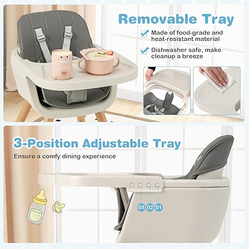 Vista 39 de HONEY JOY Silla alta, silla alta 3 en 1 de madera Eat & Grow con bandeja extraíble, arnés de 5 puntos, cojín de poliuretano y reposapiés para bebé