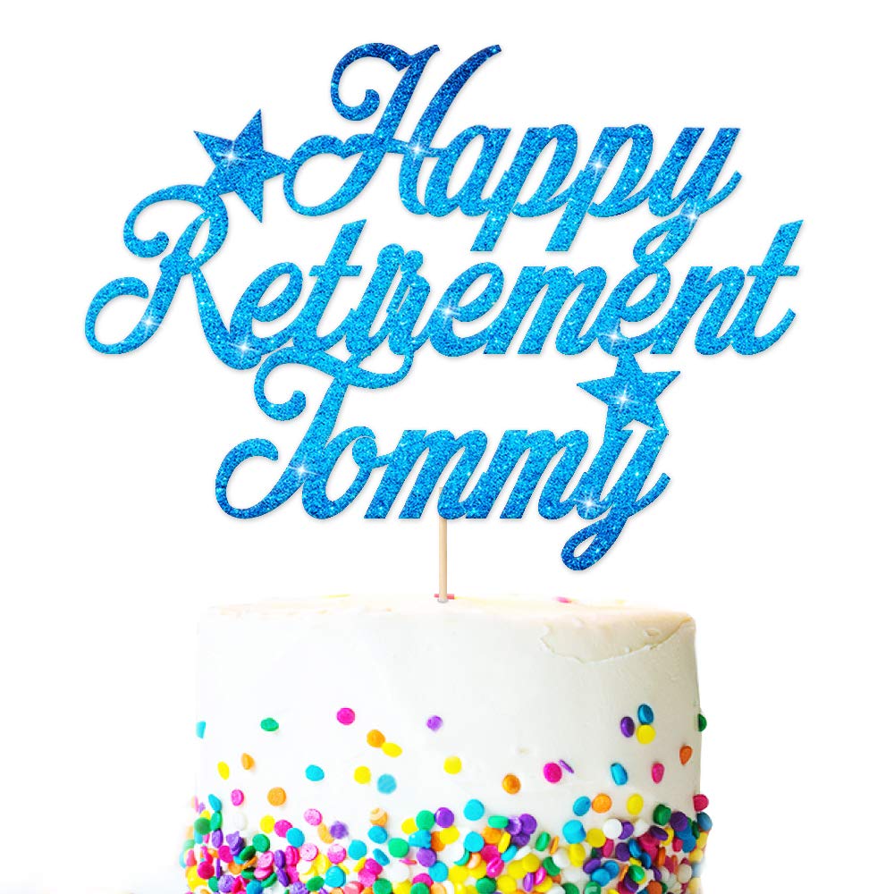 EDSG Personalised Cake Topper for Retirement | Custom Cake Decoration With Any Name | Double Sided Multicolour Glitter Party Decoration Hand Finished in UK(Blue)
