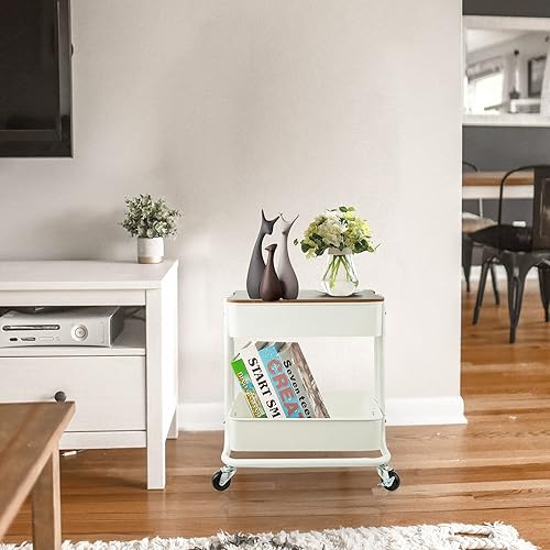 Organizador de almacenamiento de 2 niveles de metal con tabla de cubierta, mesa auxiliar de sofá móvil con ruedas para oficina, hogar, organización