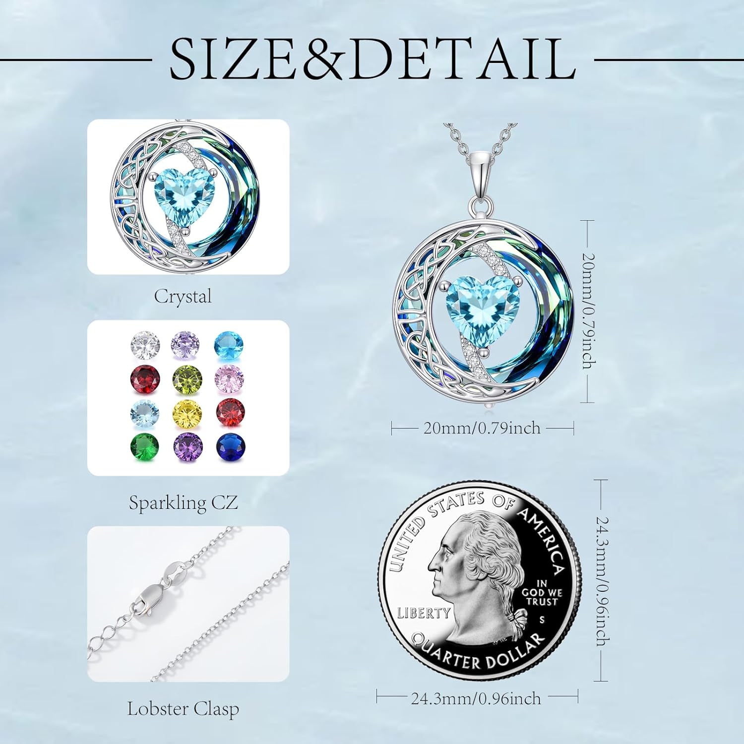 Valentines Day Gifts for Women, Birthstone Necklace for Women, Celtic Moon Pendant Blue Crystal Necklace Heart Jewelry Anniversary Jewelry Gift for Daughter Wife Mother Sister - Image 4