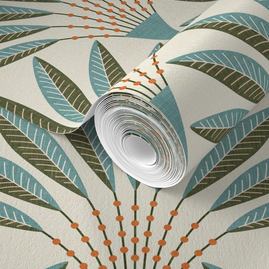 Spoonflower Commercial Grade Wallpaper Swatch - Modern Geometric Teal Green Orange Bold Linen Texture Retro Scallop Fans Traditional Wallpaper