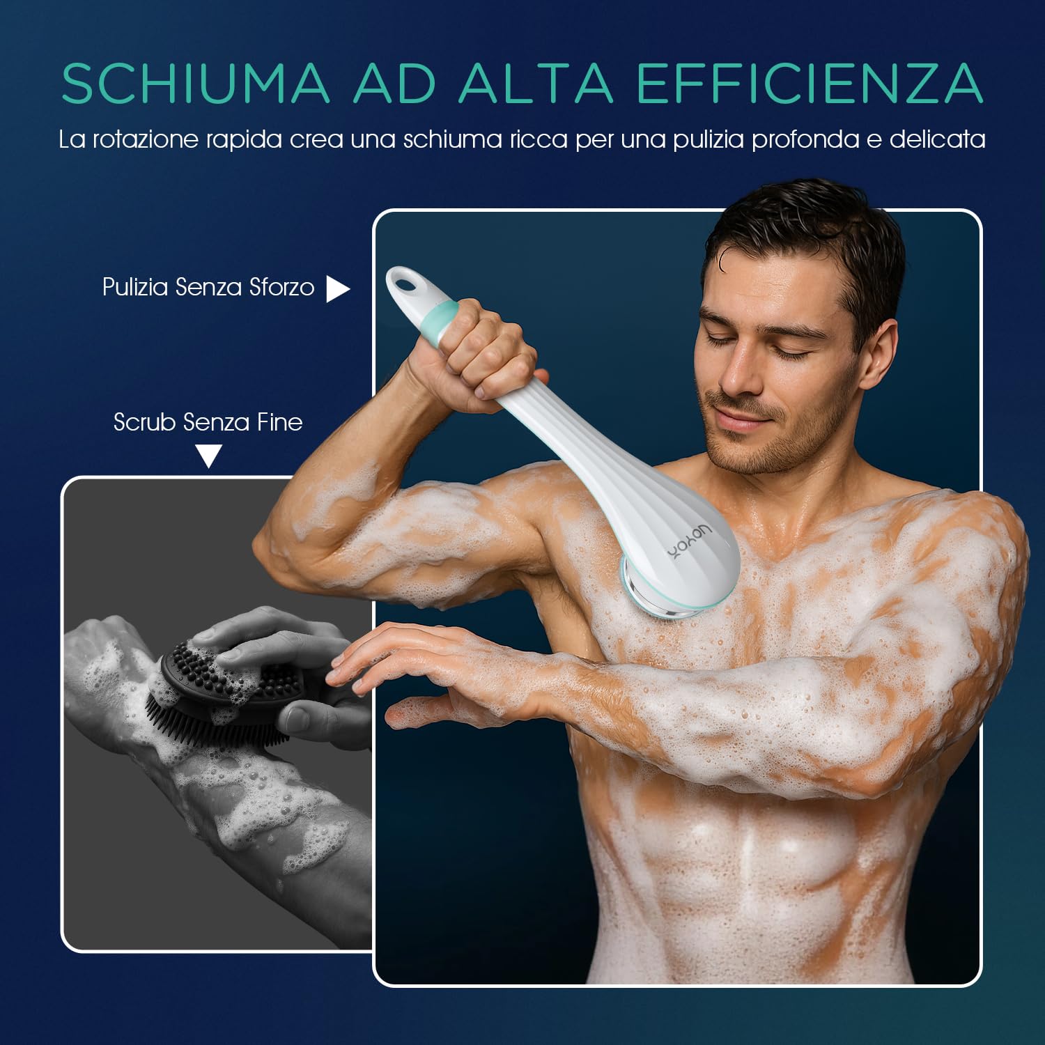 VOYOR 4 in 1 Spazzola Schiena Doccia Elettrico Spazzola Per Il Corpo Spugna Doccia Spazzola Per Lavare La Schiena per Esfoliante, Pulizia Della Pelle, Massaggio Ricaricabile Senza Fili BC100 (Blu)