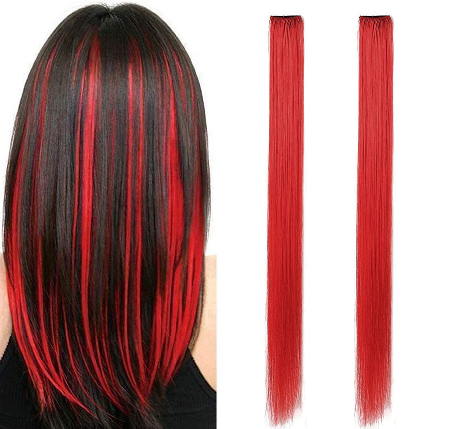 DELORUS Reusable Coloured Hair Streaks Extensions For Women Hair Coloured Hair Extension For Girls Red Set of 2 Pcs