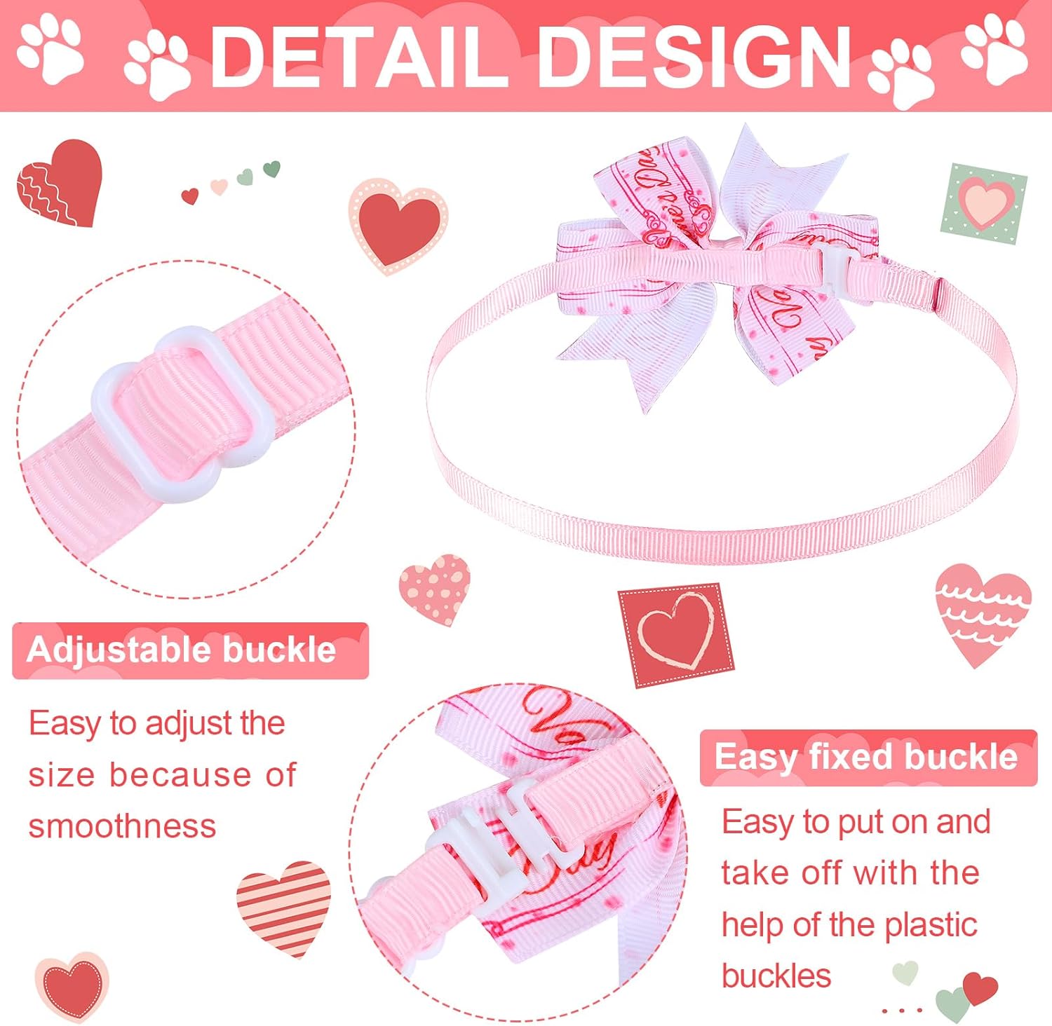 Maitys 80 Pcs Valentines Day Dog Bows, Valentine Dog Bow Tie Collars Adjustable Pink Heart Puppy Cat Neckties for Pet Grooming Accessories