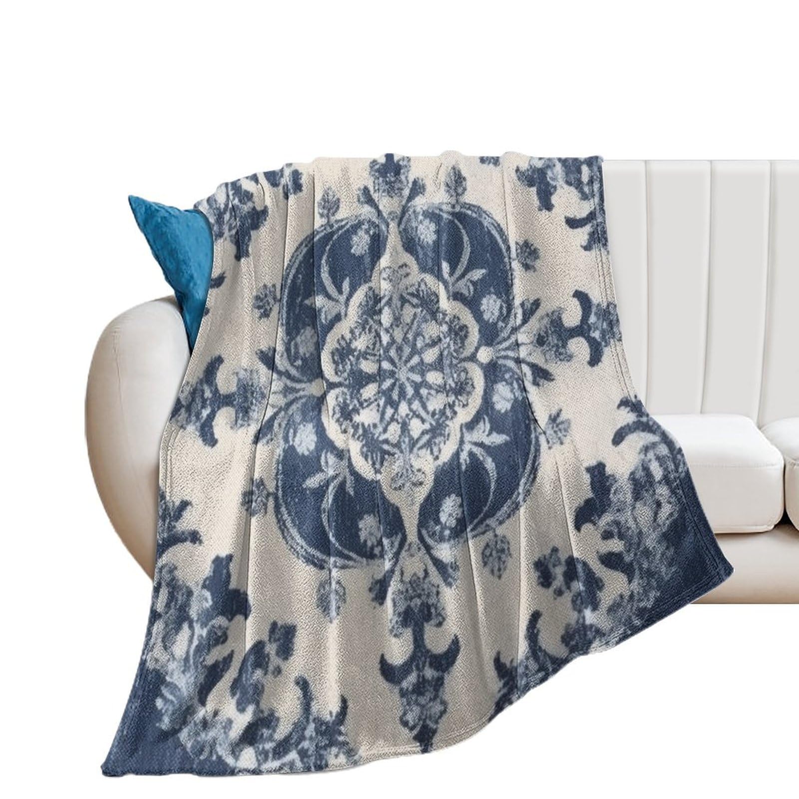 Couverture damassée bleue pour canapé et lit cosy en hiver
