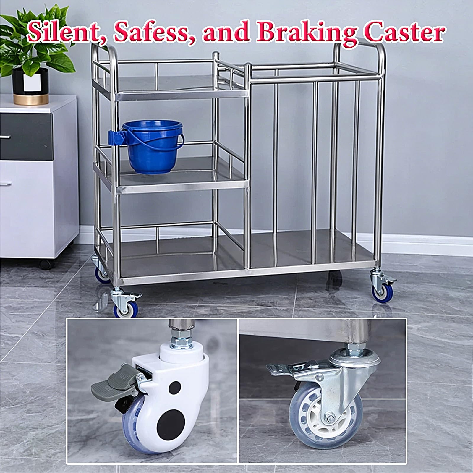 Gewerblicher Wäschewagen mit Rollen Aus Edelstahl 3-Stufiger Wäschesortierer mit Rädern Großer Wäschekorb mit Wasserdichtem Wäschesack für Hotels Restaurants Schulen(90x45x86cm)