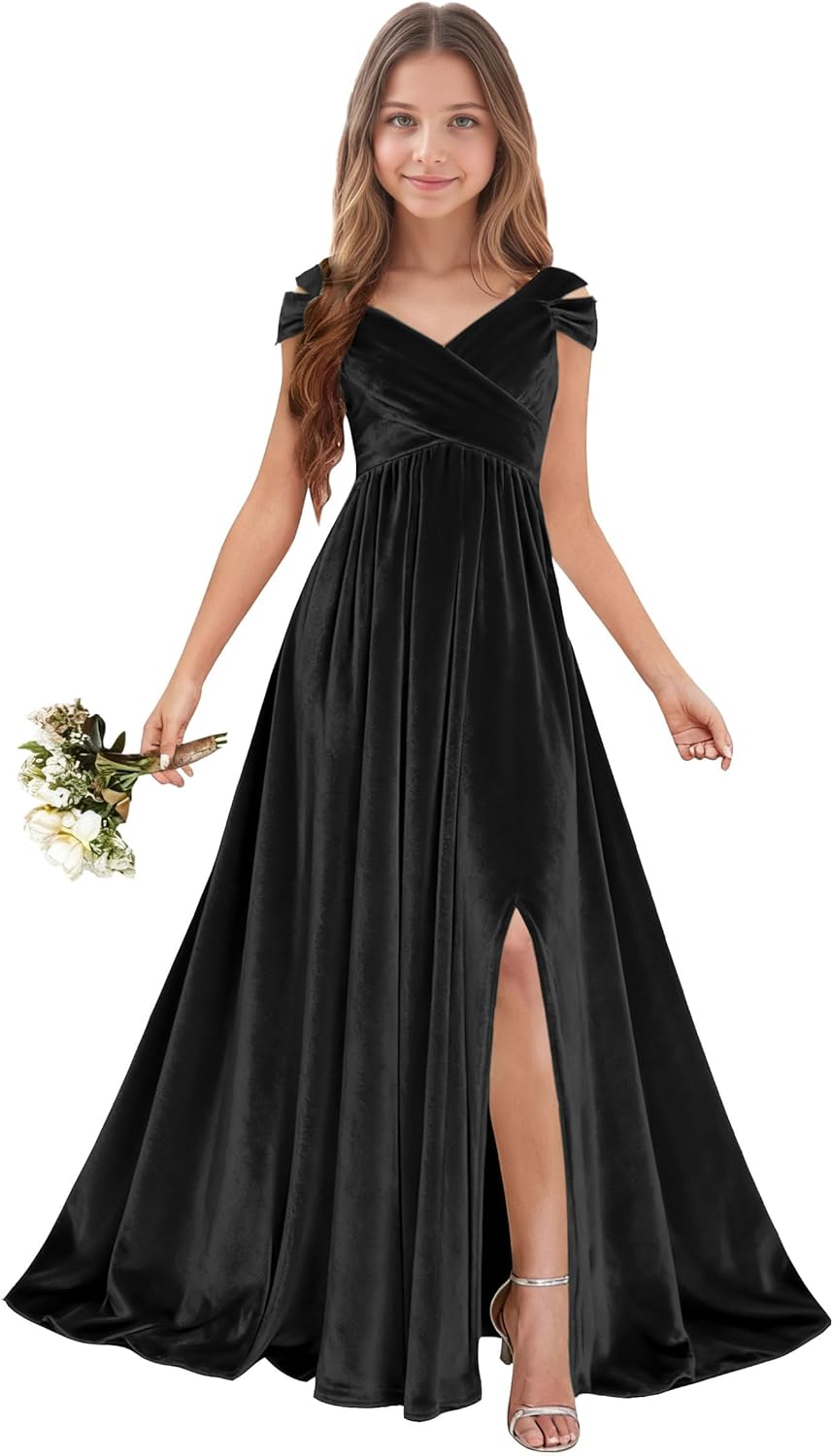 Velvet Junior Bridesmaid Dresses for Wedding - Off Shoulder Flower Girl Dress Teen Girls Formal Party Prom Gowns