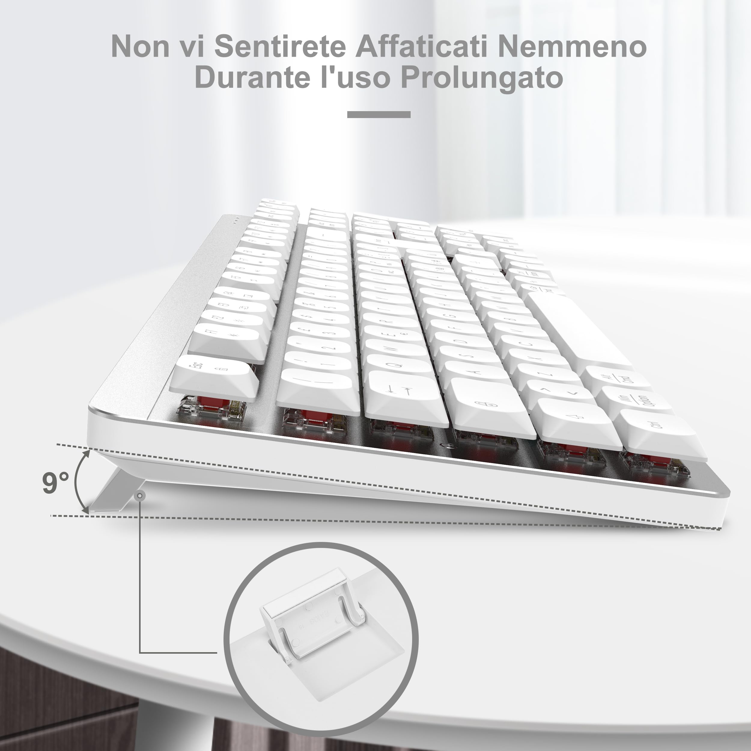 LeadsaiL Tastiera e Mouse Meccanica Wireless FA98, Basso Profilo Switch Rossi Tastiera senza Fili con ricevitore 2.4G, 96% Keyboard, 98 Tasti, Silenzioso, Italian QWERTY per PC Mac/Windows-Argento