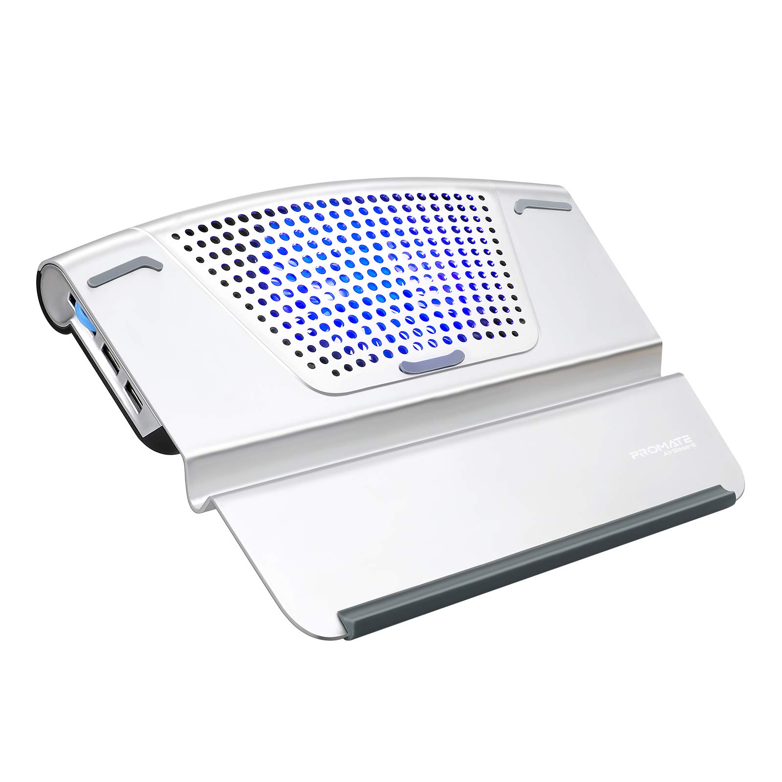 PromateAluminium Laptop Cooling Stand, Portable USB Powered Notebook Cooler Stand with Quiet Blue LED Fan, Dual USB Port, Anti-Slip Grip and Built-In Smartphone/Tablet Holder, AirBase-6 (Silver)