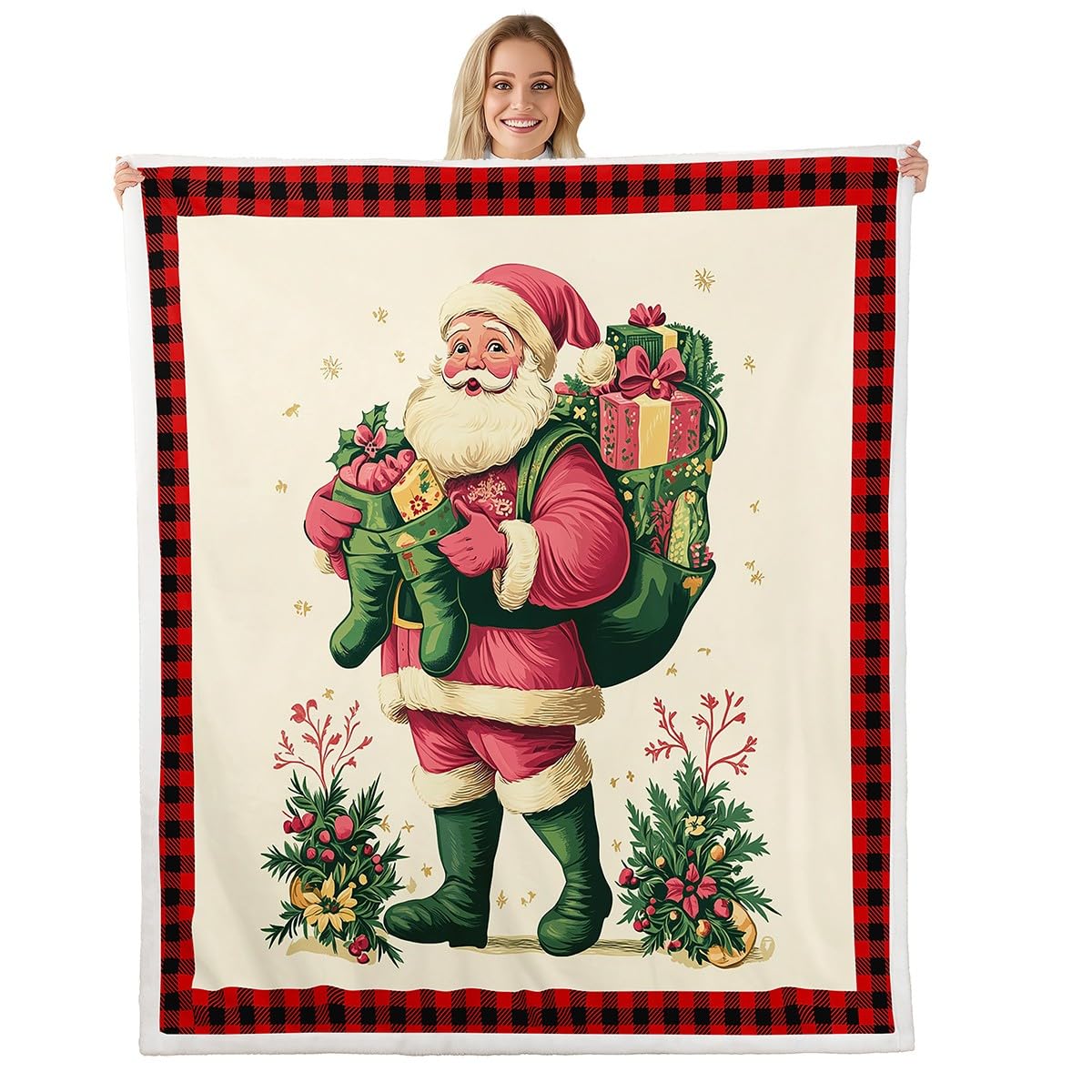 Manfei Manta de Papá Noel con estampado de cuadros negros y rojos para decoración de habitación de niños y niñas, manta temática navideña para sofá, manta de forro polar suave y transpirable (60 x 80