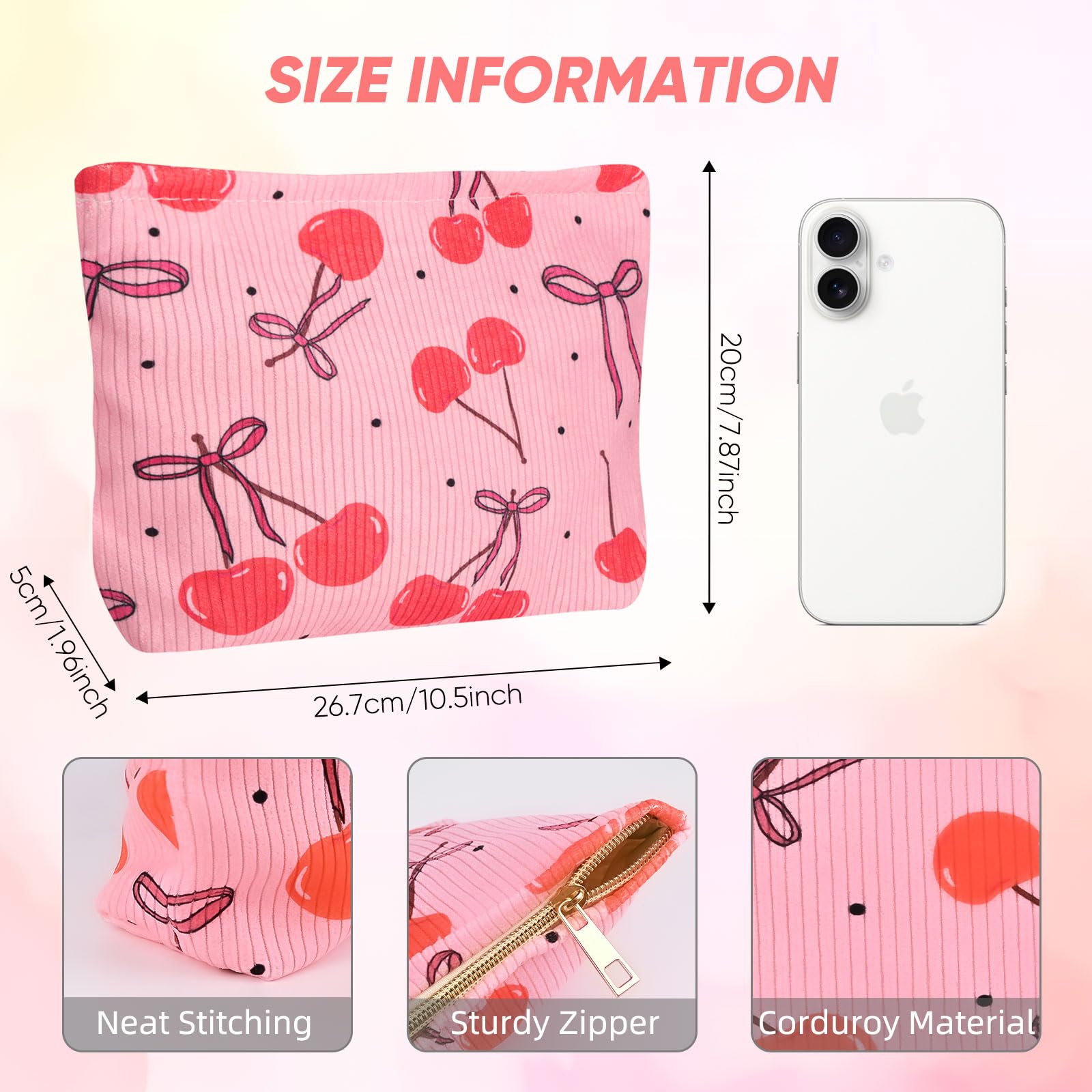Ksriylm Cute Corduroy Cosmetic Bag for WomenCherry and Bow Canvas Toiletry Organizer Storage with Purse ZipperSmall Pink Multifunctional Travel Makeup BagAesthetic Travel Toiletry Bags - Image 2