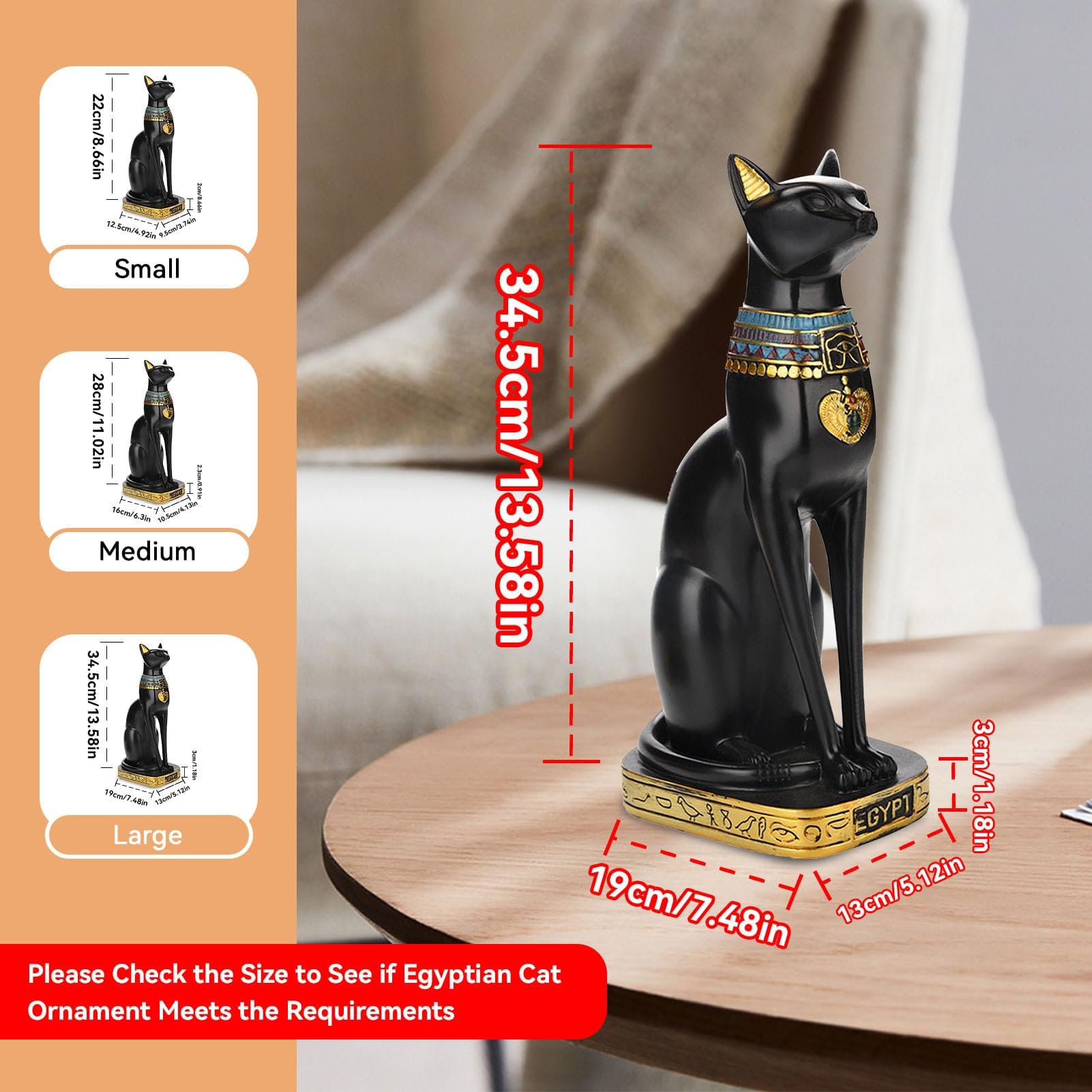 Estatua de gato egipcio Estatua de resina de oro negro, escultura de la diosa Bastet antigua decoración egipcia, gran ornamento animal mítico para la estantería de la oficina del hogar, 13,6 pulgadas