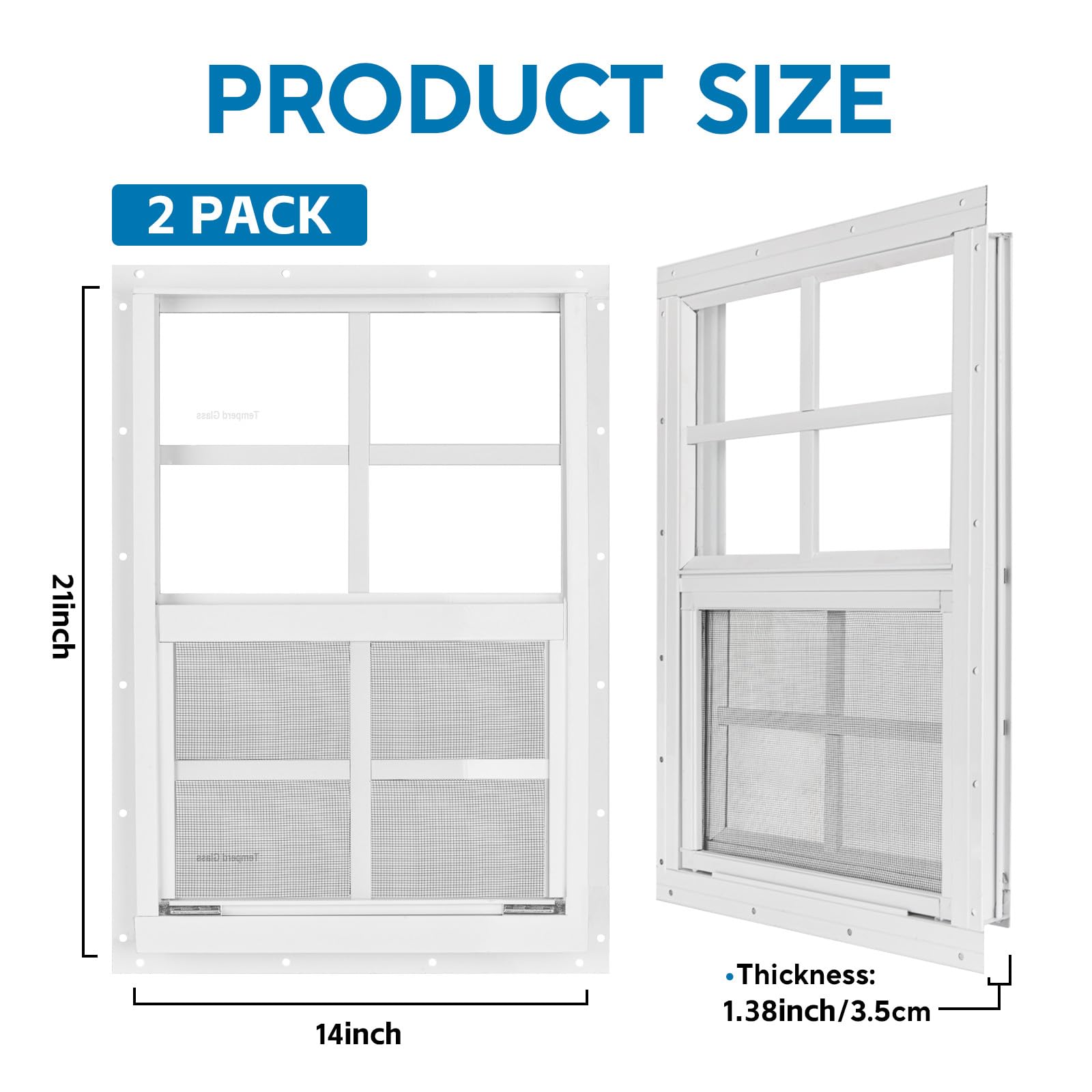 Paquete de 2 ventanas correderas blancas de 14 x 21 pulgadas con vidrio templado y pantalla de fibra de vidrio con tornillos para cobertizo, gallinero, casa de juegos, garaje y graneros