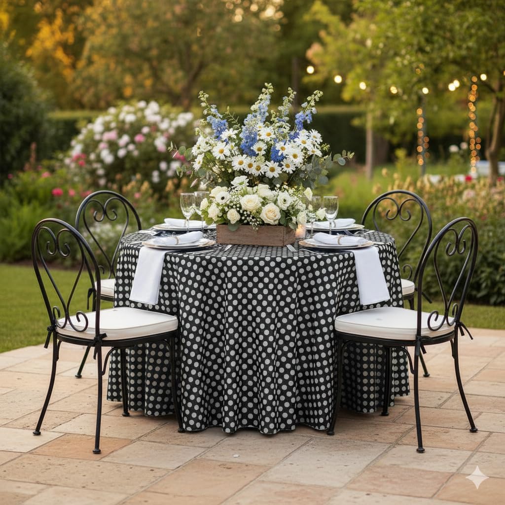 YOUR CHAIR COVERS - 120 inch Round Satin Tablecloth Black/White Polka Dot, Table Linens for 5 ft Banquet Tables