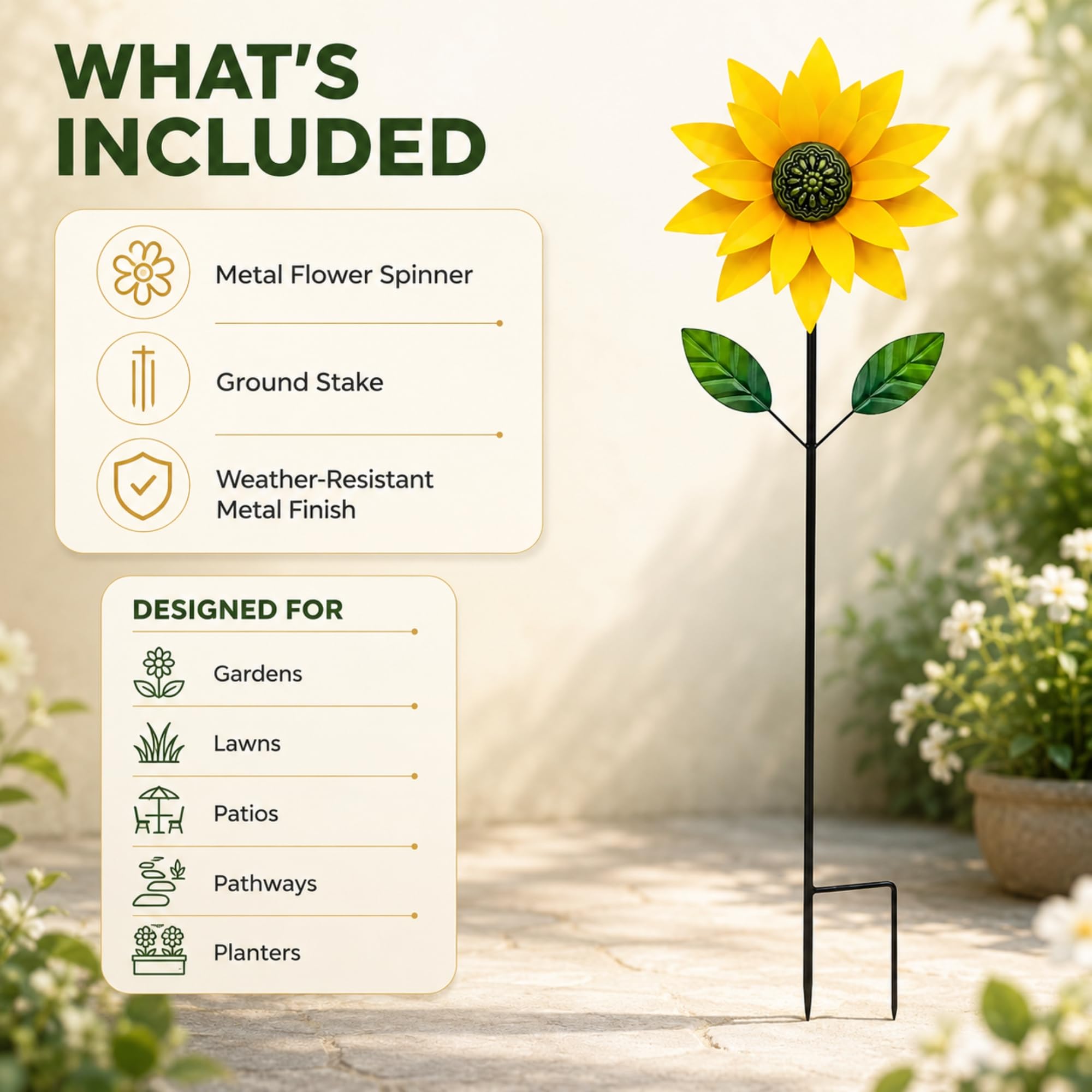 Girandola a vento in metallo con fiore (giallo) - Kinetic Outdoor Yard Art Decor, scultura rotante a vento di girasole per prato patio decorazione giardino