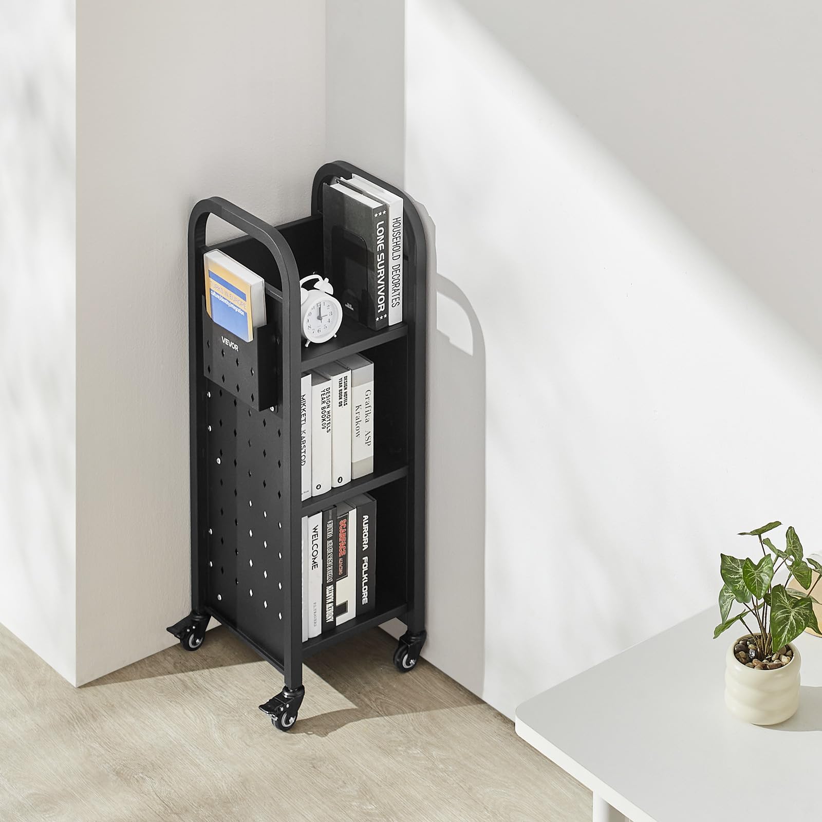 VEVOR Carrello Portalibri con Ruote 320 x 350 x 935 mm Carrello Rotante Porta Libri, Carico 100 kg Ripiani a L Monofacciali con Ruote Bloccabili 5 cm per Scaffali di Casa, Ufficio e Scuola, Nero
