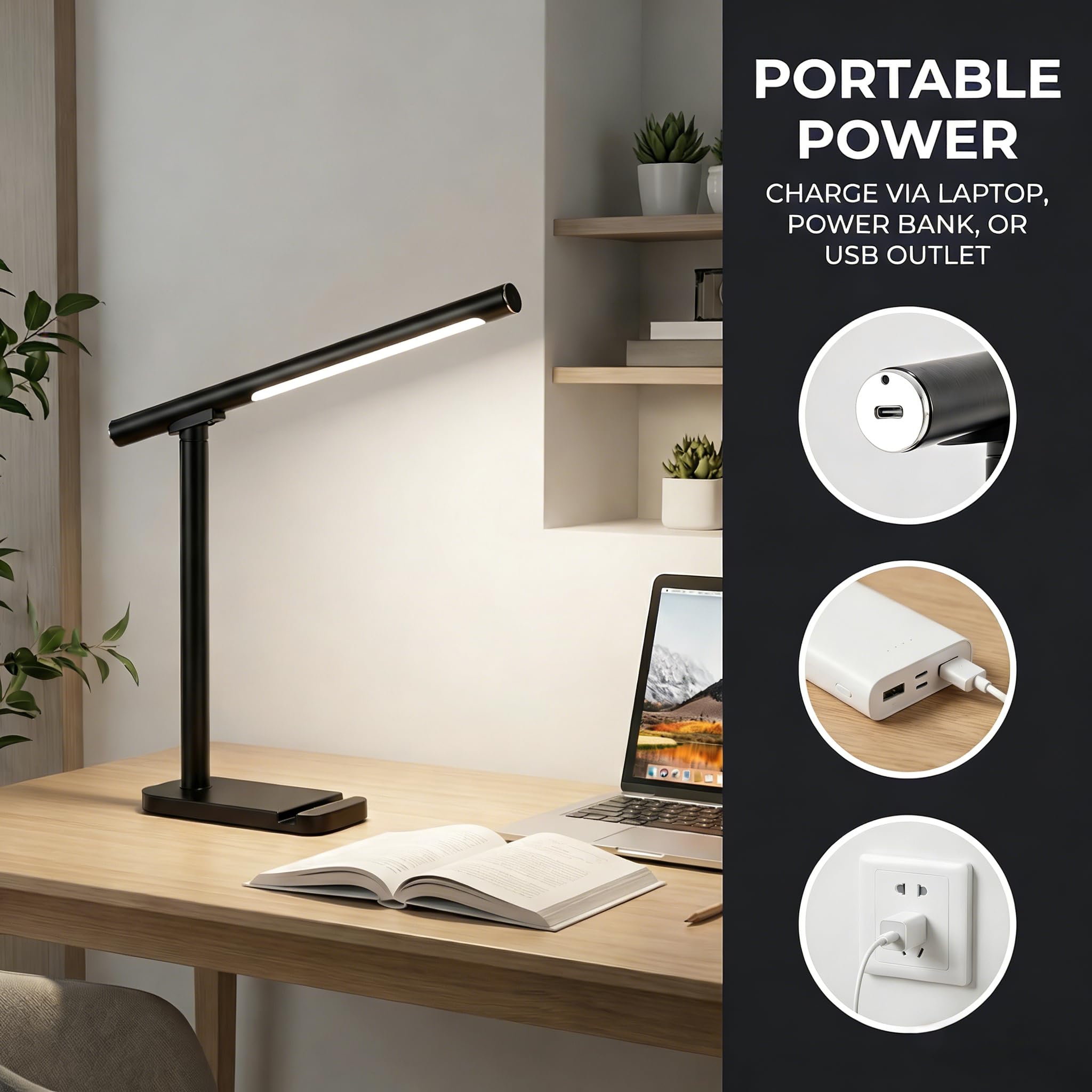 Sunny Power Lámpara de escritorio LED regulable, lámpara de lectura, 3 modos de iluminación, accesorios de protección ocular