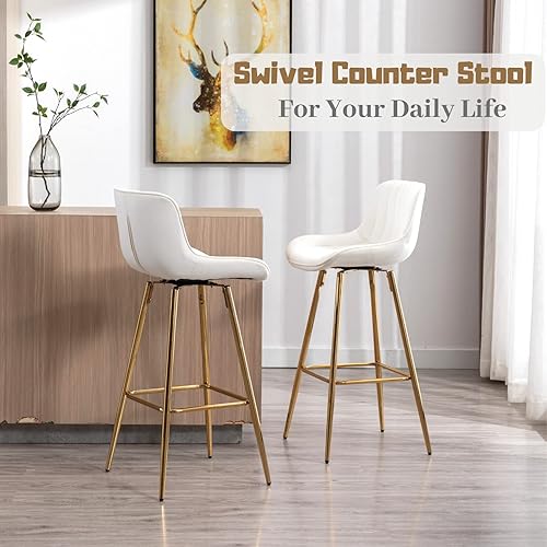 Miniatura 6 de Juego de 2 taburetes de bar giratorios de 30 pulgadas con patas doradas, sillas de bar modernas con respaldo, taburetes de bar de terciopelo beige
