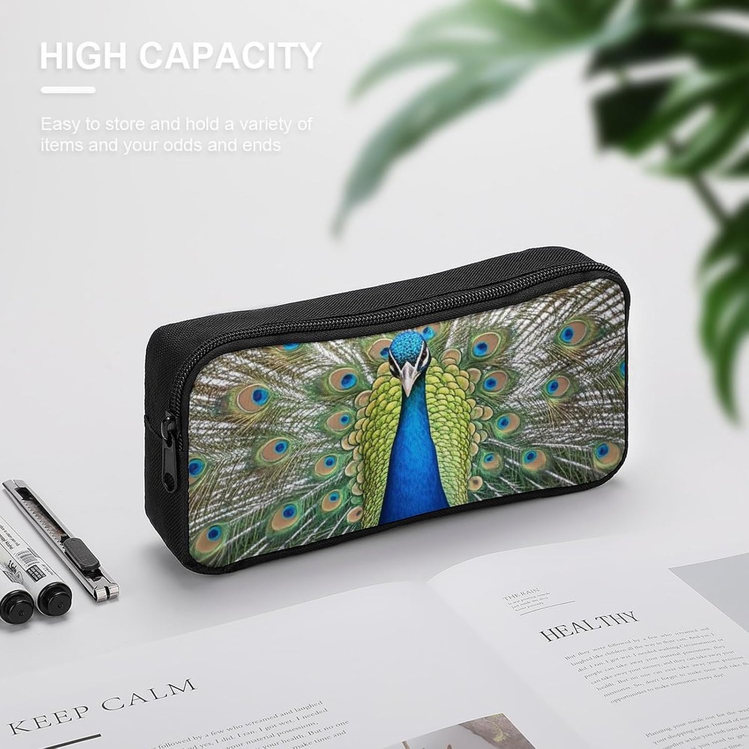 Beauty Peacock Large Pencil Case, Pencil Pouch with Zipper image 4