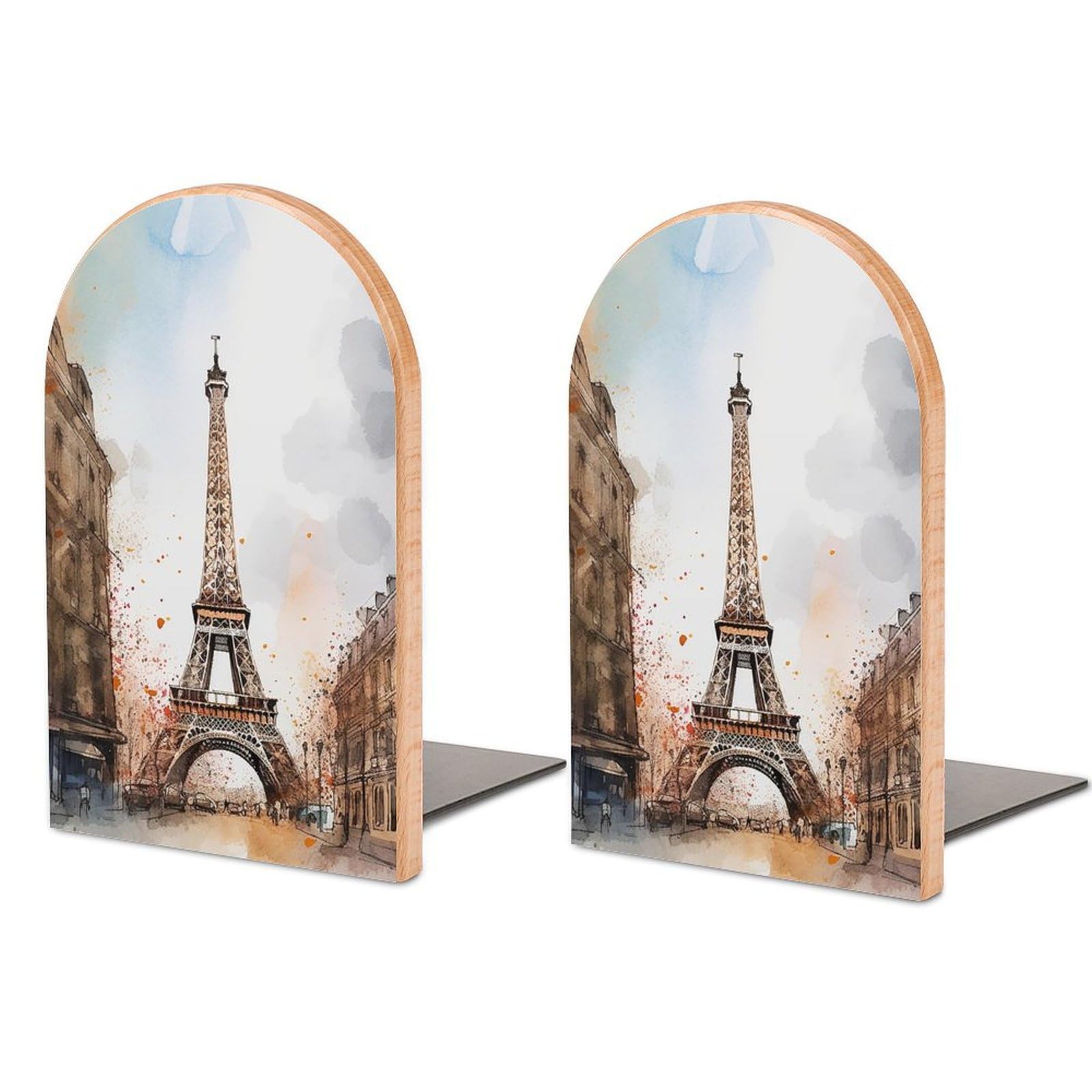 Beech Wood Book Ends Watercolor Paris Printed Bookend for Shelves Home Decorative Bookends for Heavy Books for Office Bookshelves