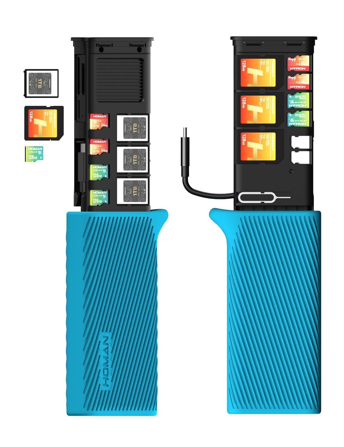 HOMAN CFexpress - Lettore di schede A, 10 GBps, USB 3.2, porta carte e porta carte per fotografi, lettore di schede SD 4 in 1 (CFexpress-A, blu)