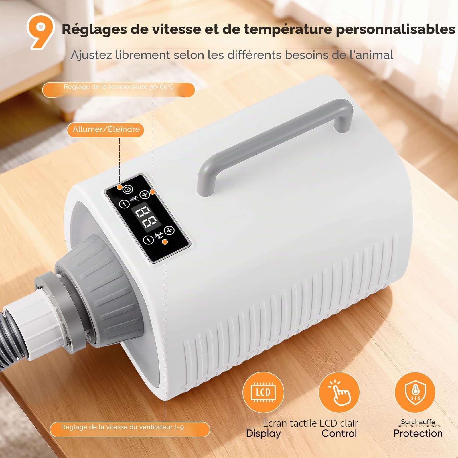 Pulseur pour Chien et Chats,Professionnel Souffleur Chien Séchoir Sèche-Poils, Silencieux (45-65 dB), 9 niveaux de vitesse et de chaleur (30-65 °C), 3 Buses et Tuyau Extensible,chaud et chaud