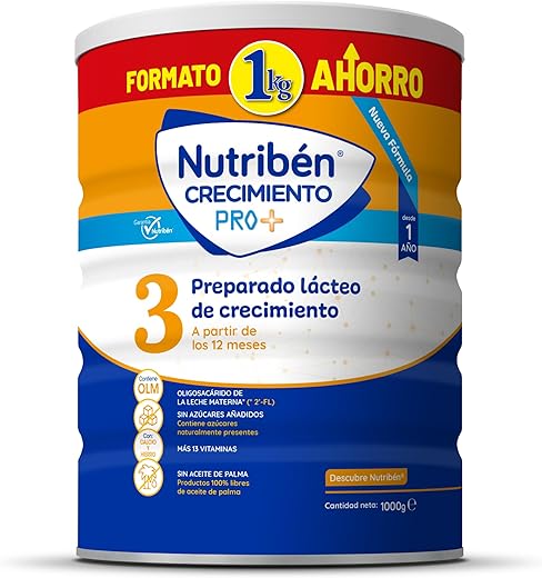 Nutribén Crecimiento Pro+ 3 - Leche en Polvo Bebé FORMATO AHORRO | Leche de Fórmula a partir de los 12 Meses | sin Aceite de Palma | con Cacito Dosificador Incluido | con 13 Vitaminas | 1 Bote de 1KG