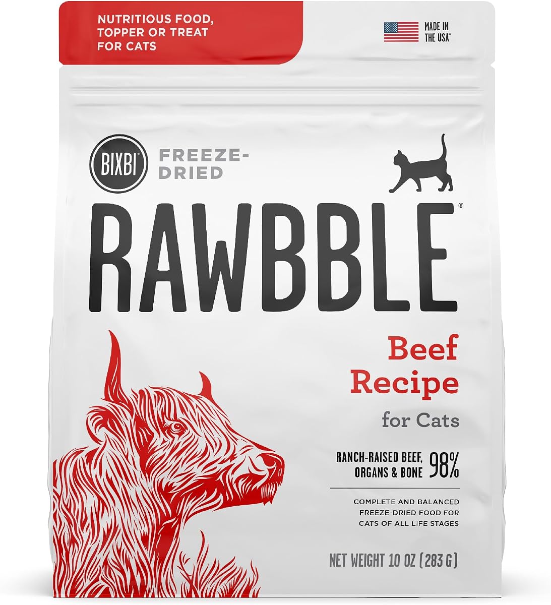 BIXBI Rawbble Alimento liofilizado para gatos, receta de carne de res, 10 oz - 97% carne y órganos, sin rellenos - Alimento crudo para gatos apto para despensa para comida, golosinas o decoración de alimentos - Fabricado en Estados Unidos en pequeños lotes