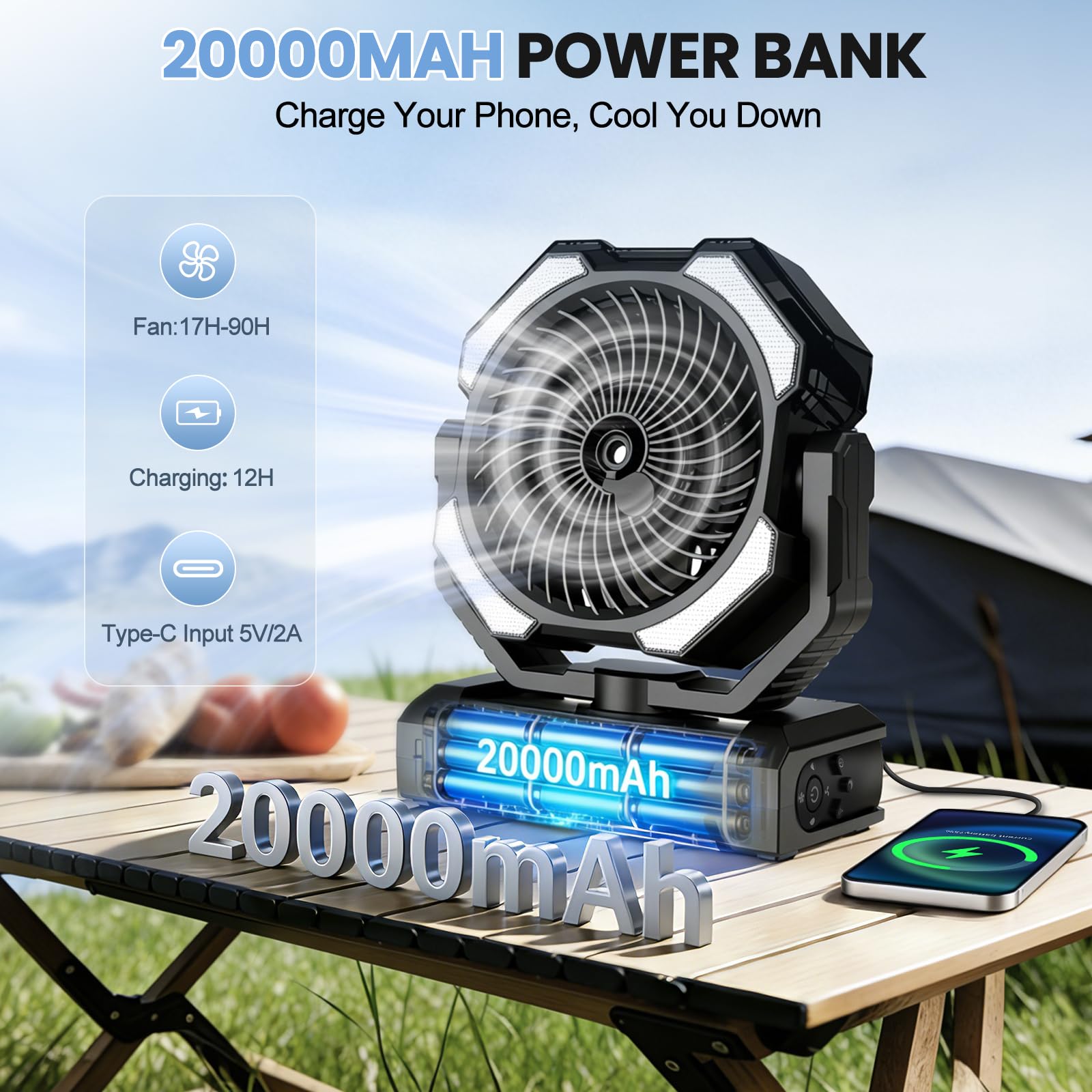 Ateroll 20000 mAh Akku Camping Ventilator mit Sprühnebel, USB Ventilator mit Fernbedienung, LED, Aufhängehaken Tischventilator