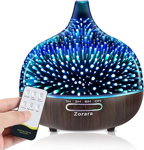 Difusor de aceite esencial de 18.6 fl oz, humidificador de niebla fría de vidrio 3D, humidificador ultrasónico de aromaterapia con 7 luces LED que