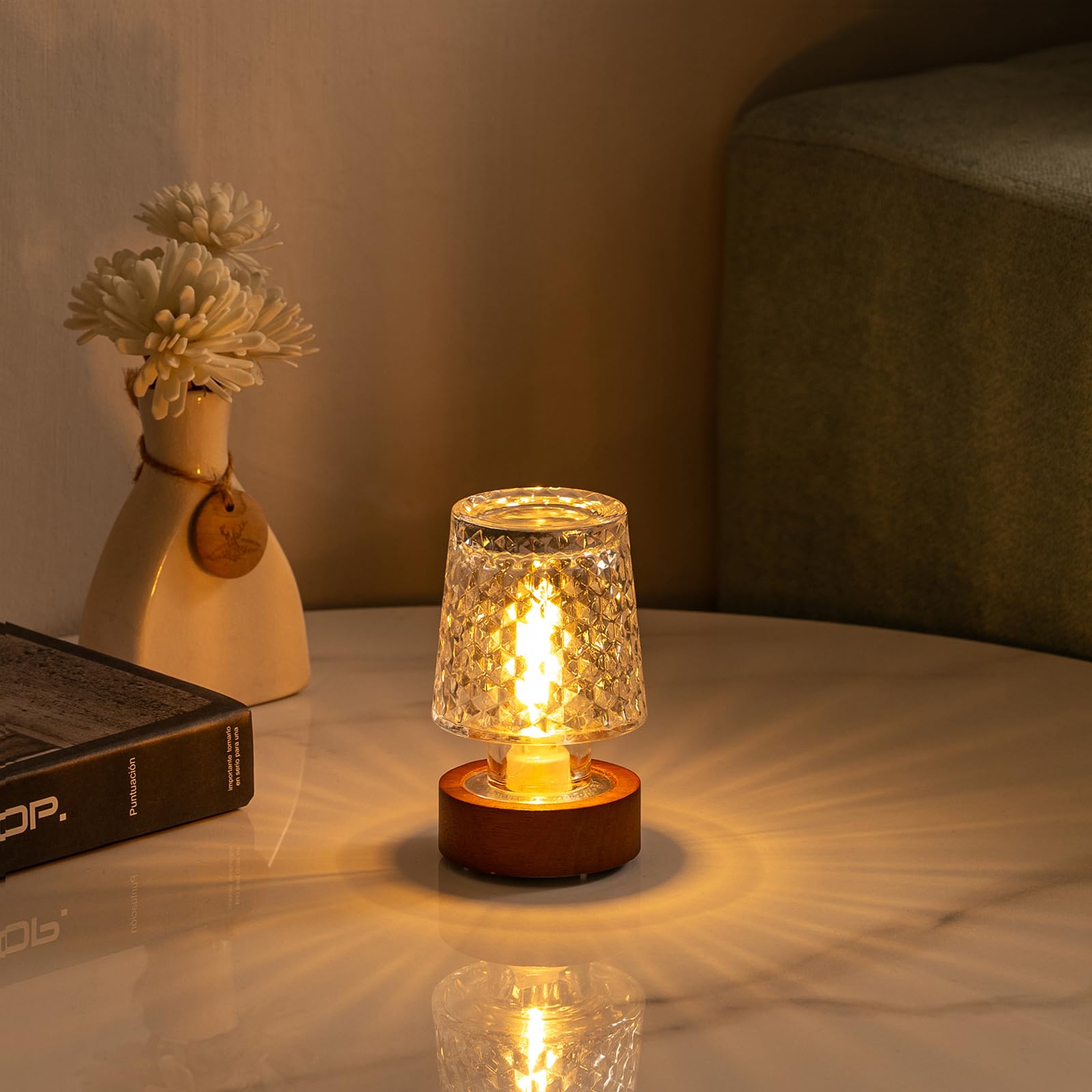 Mini Battery Lamp, Vintage Sleep Nightlights with Timer, Battery Operated Night Lights for Adults，Cordless Glass Sleep Warm Nightlights, bedside lamps, Night Lamp for Bedroom, Crystal