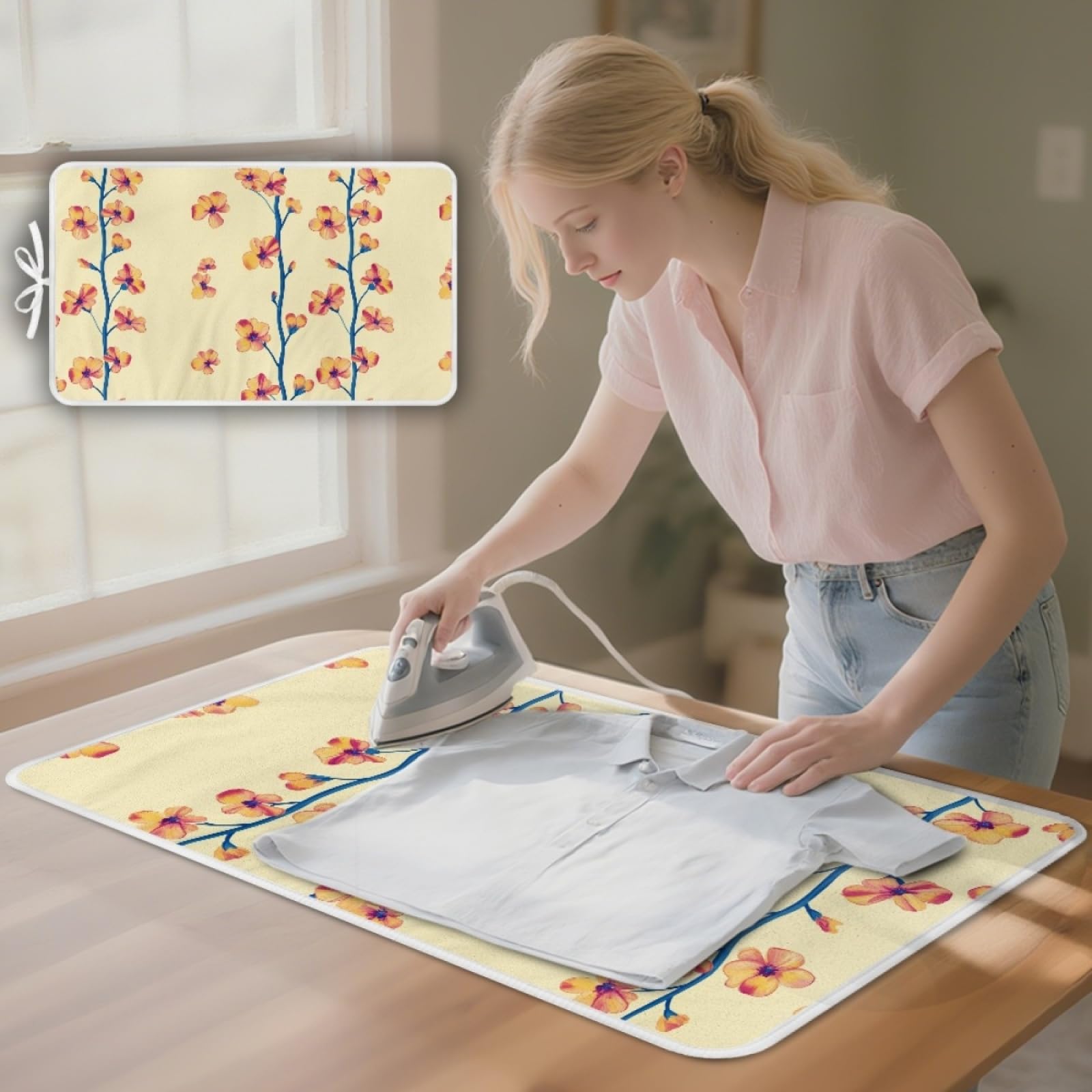 Bügelmatte Orangeblaue Blume Bügeleinlage Faltbares Hitzebeständig Waschbar Bügelauflage für Tisch und andere Oberflächen Bügelbrett Unterlage rutschfeste Bügeldecke 80x50cm (2 Stück)