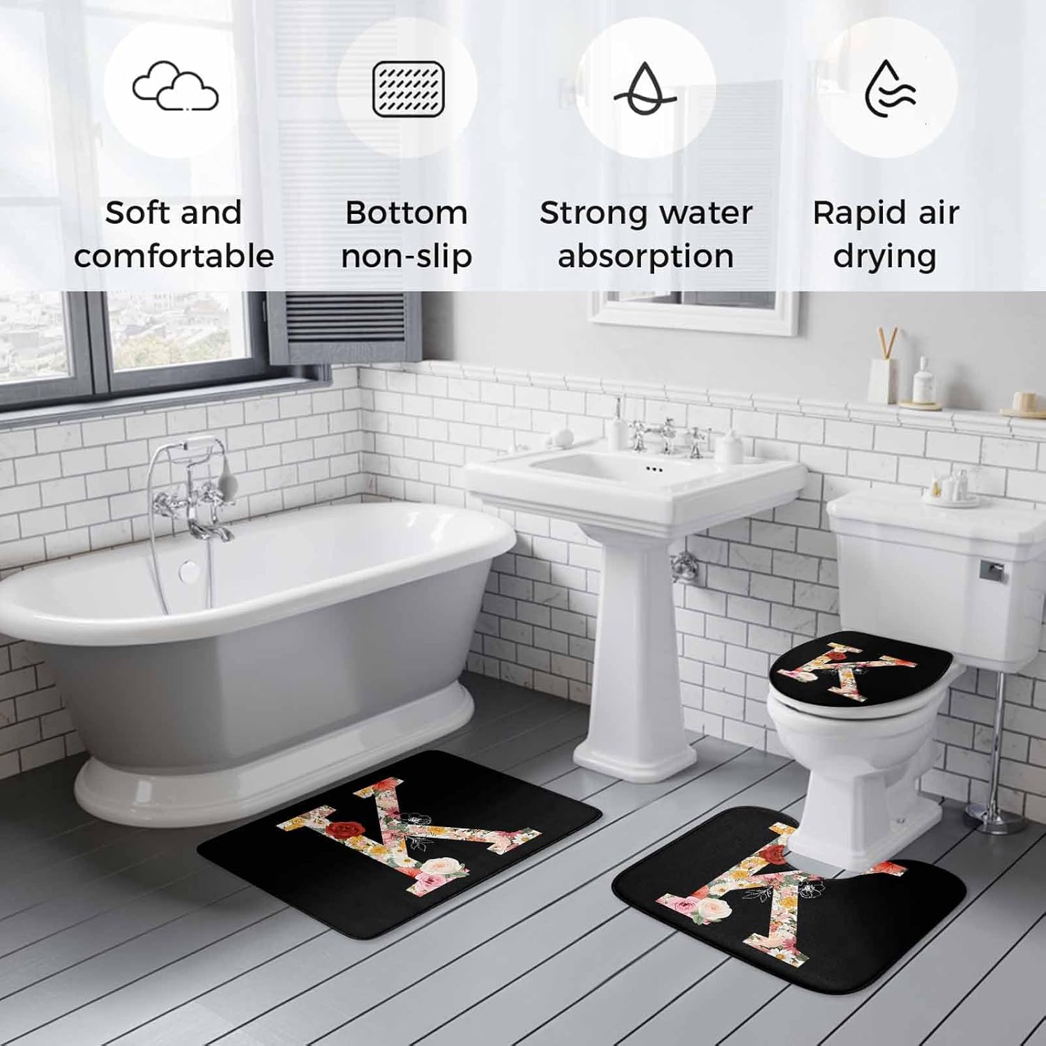 Black Letter K Flower Bathroom Rugs Set Watercolor Alphabet K Pink Beige Floral Leaf Non Slip Absorbent Soft Bath Mats 3 Piece Set with Bathroom Rug, U-Shaped Floor Mat, Toilet Seat Cover Large Size