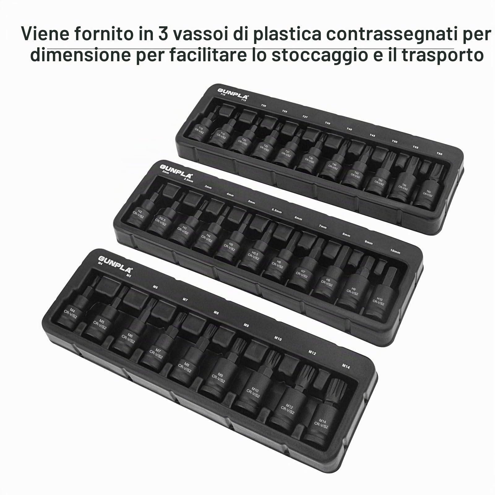 Gunpla Set di punte a percussione da 3/8 di pollice per impieghi gravosi CR-V, S2 in acciaio impattato poco profondo, 31 pezzi esagonali da 2-10 mm, Torx T10-T60, scanalature M4-M14 a stella Allen