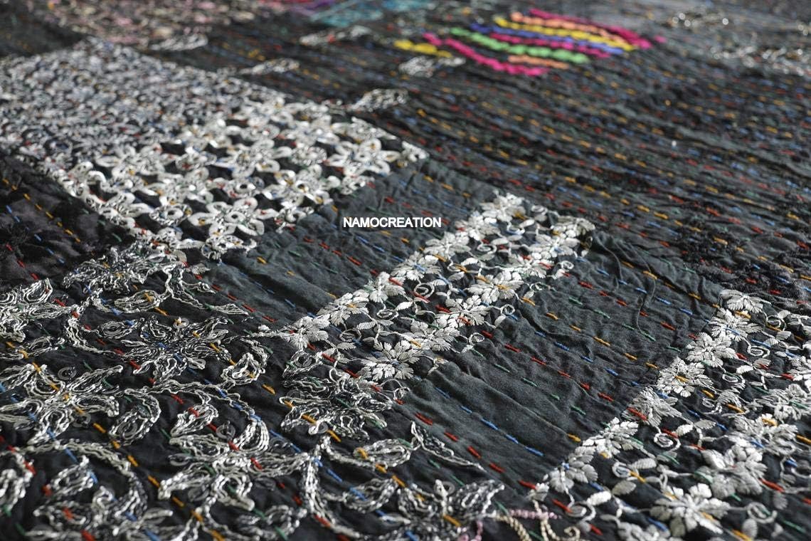 Embroidery Assorted Patchwork Kantha Quilt Reversible Bedspread Bed Cover Decor Throw Blanket California KingQueenTwin (60X90 Inches), Black,