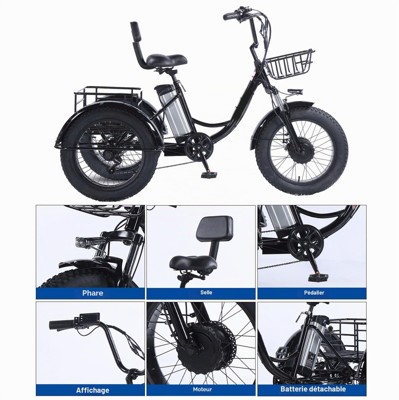 Tricycle électrique 20 Pouces pour Adultes, avec Batterie Amovible 48 V 13 Ah, Vélo électrique Motorisé avec Grands Paniers, écran LCD,Autonomie 40 Km, Tricycle Cargo électrique pour Seniors