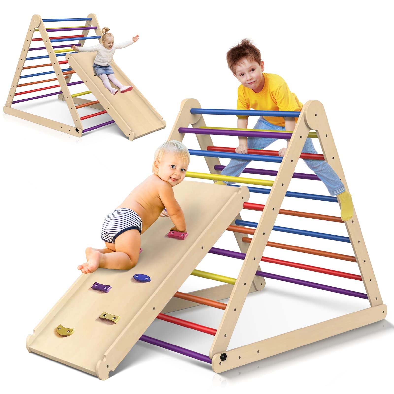 JOY SPOT! 3 in 1 Triangle Climbing Toys, Sturdy Solid Wooden Children Slide, Foldable Adjustable