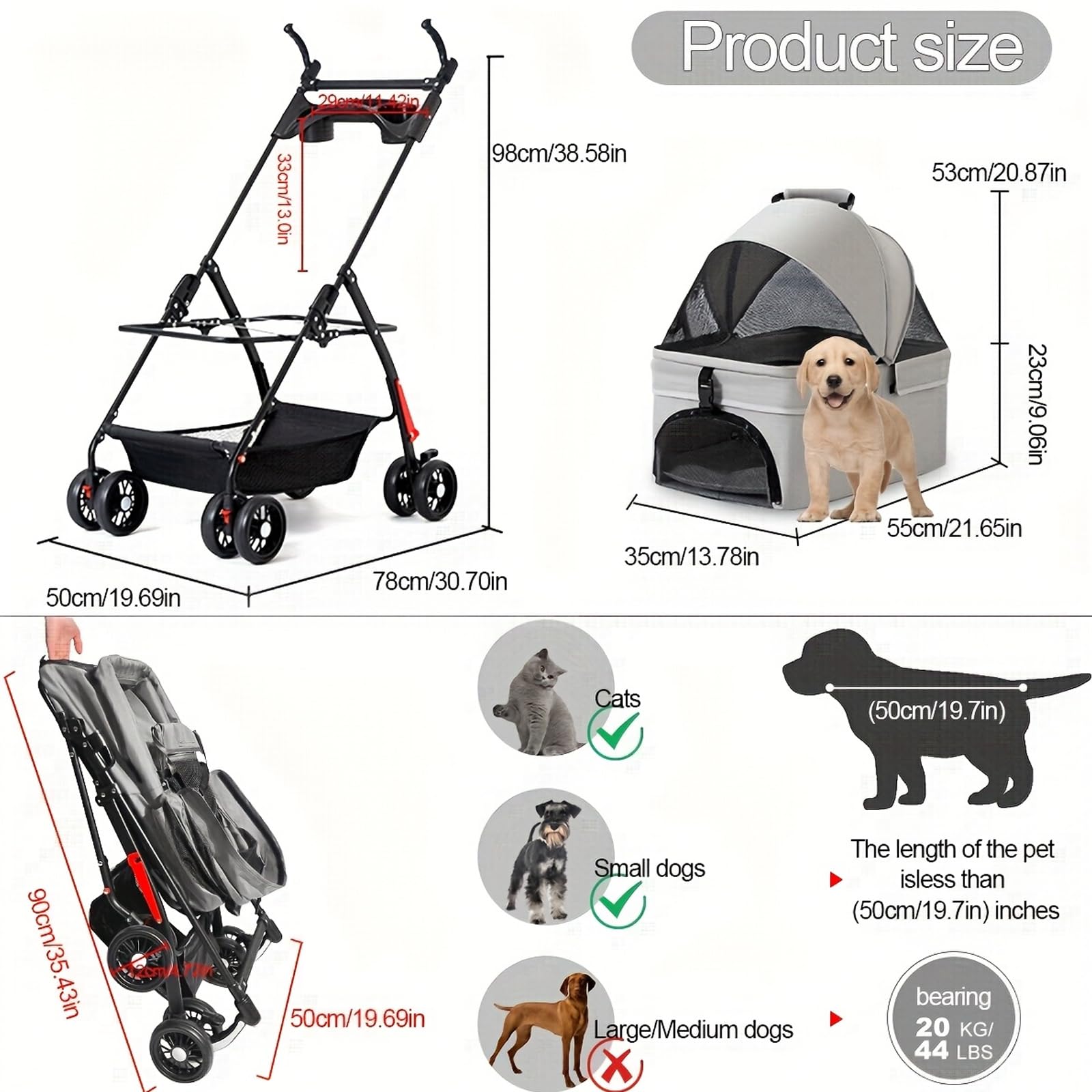 Passeggino per animali domestici fino a 20 kg, pieghevole 3 in 1, con cestino rimovibile, con ruote girevoli a 360° e finestre a rete, passeggino da jogging per cani di piccola taglia e gatti