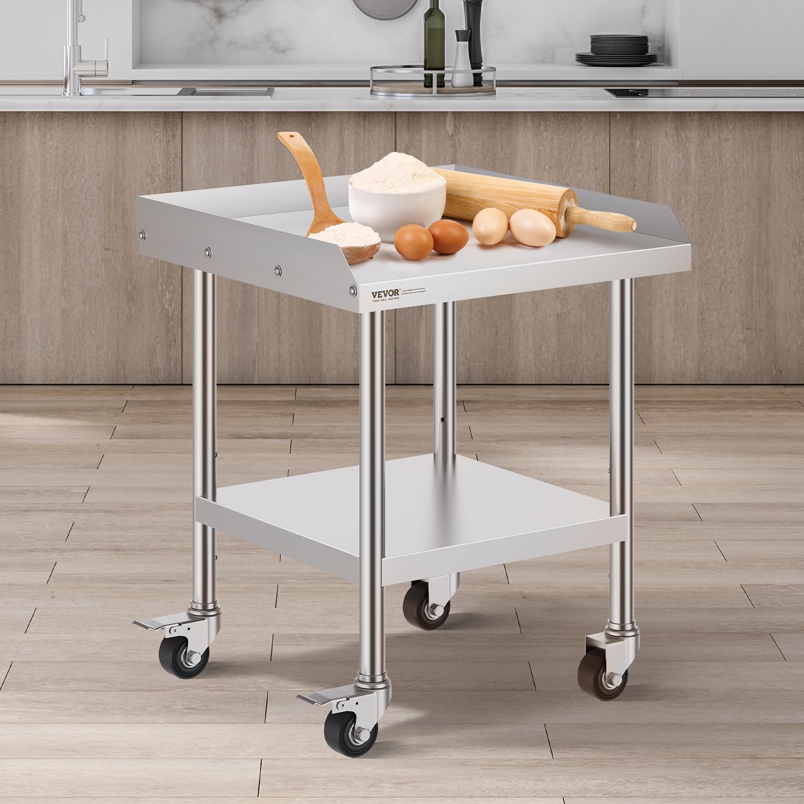 VEVOR Trabajo de Acero Inoxidable Mesa Comercial para Preparación de Alimentos con 4 Ruedas Salpicadero de 3 Lados 610x610x762 mm para Restaurante