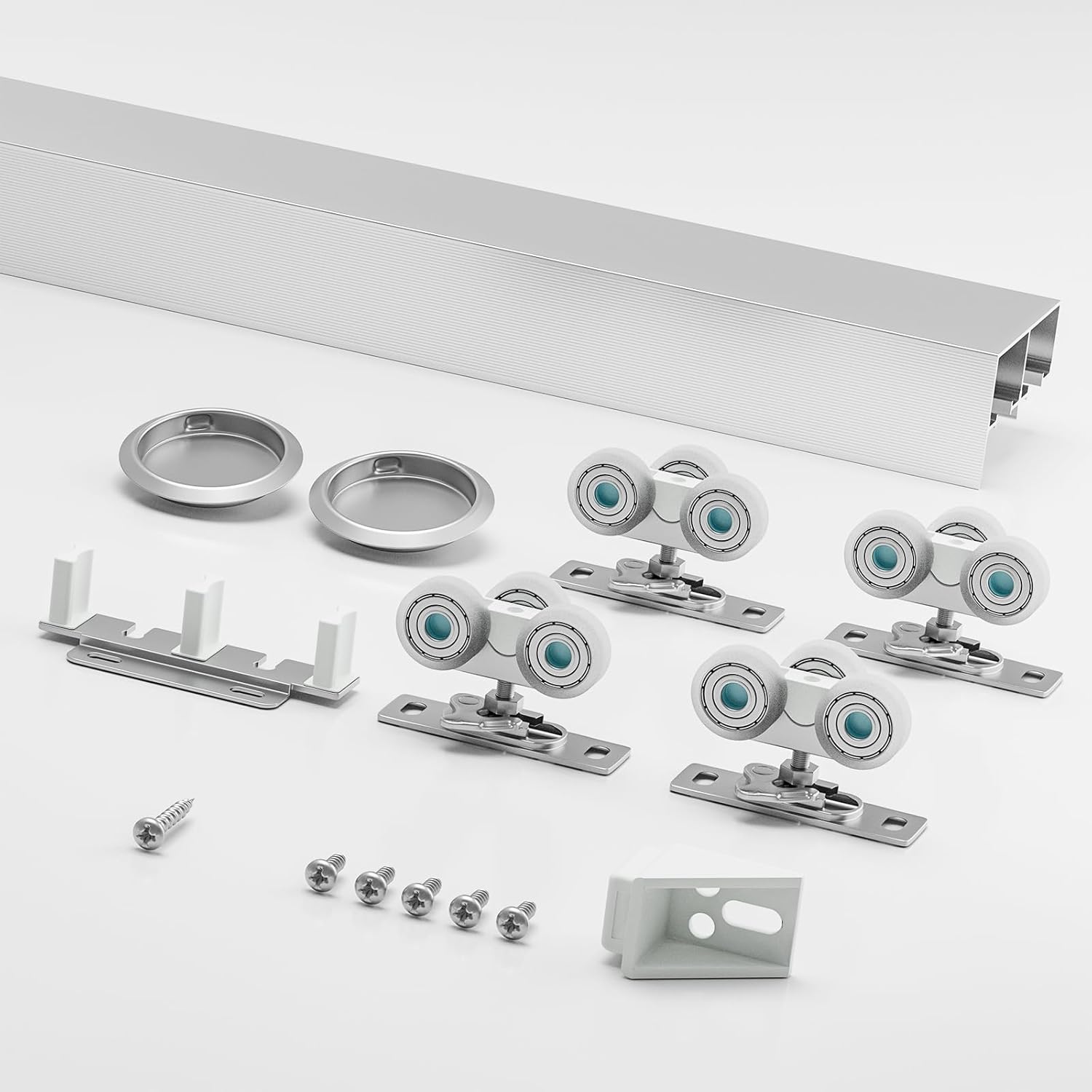 6FT Aluminum Bypass Sliding Door Hardware Kit, 2 Door System with Finger Pulls, Quiet & Smooth Rollers, Fits 1 3/8"-1 3/4" Thickness Closet Cabinet Room Divider Sliding Track Set, Silver