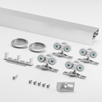 6FT Aluminum Bypass Sliding Door Hardware Kit, 2 Door System with Finger Pulls, Quiet & Smooth Rollers, Fits 1 3/8"-1 3/4" Thickness Closet Cabinet Room Divider Sliding Track Set, Silver