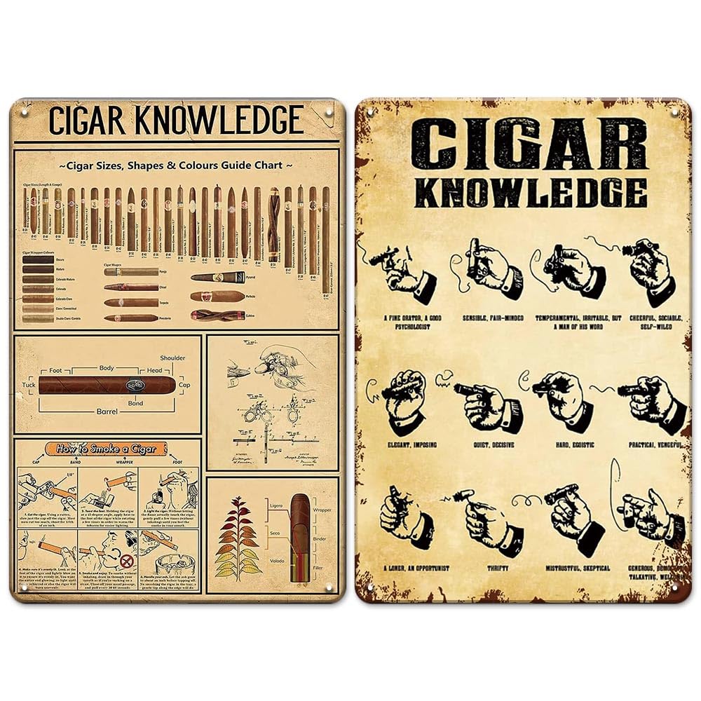 Cigar Accessories 2Pcs Retro Metal Tin Sign, Cigar Knowledge Vintage Poster Metal Tin Signs for Home Living Room Kitchen Cafe Bar, 8x12 Inches Cigar Kit Tin Signs Wall Decor Signs Cigar Gifts for Men