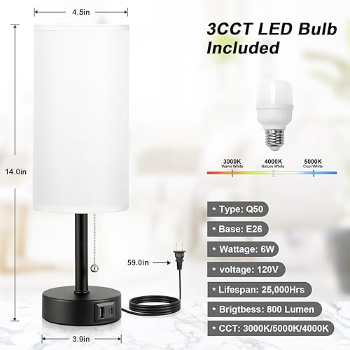 Miniatura 4 de Lámpara de mesita de noche blanca para mesita de noche de dormitorio, lámpara pequeña con puerto de carga USB A + C, 3 temperaturas de color, cadena