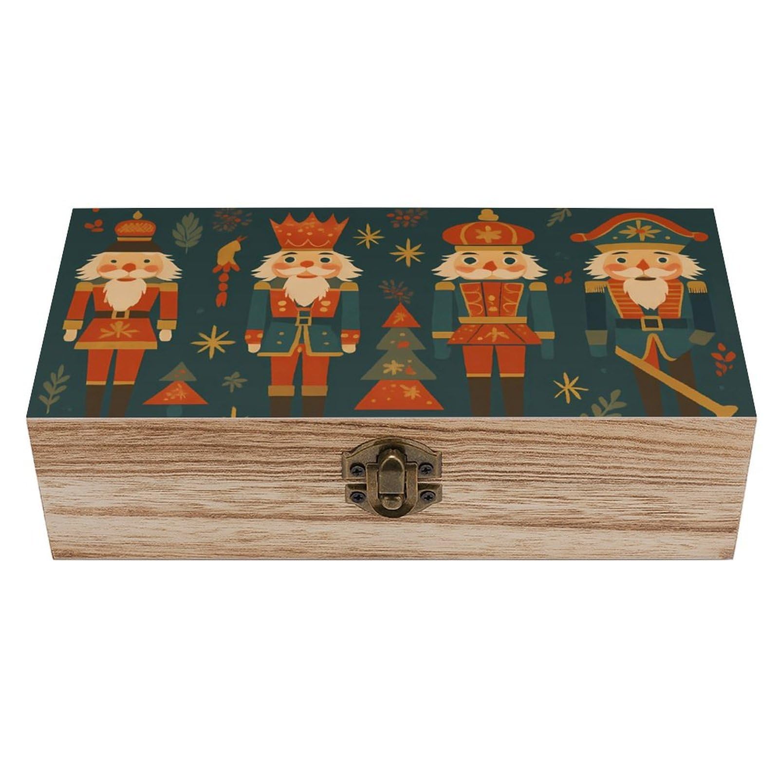 Oudrspo Retro Christmas Nutcracker & Holly Leaves Retro Wooden Storage Box Keepsake Jewelry Decorative Art Storages Box Gift Boxs